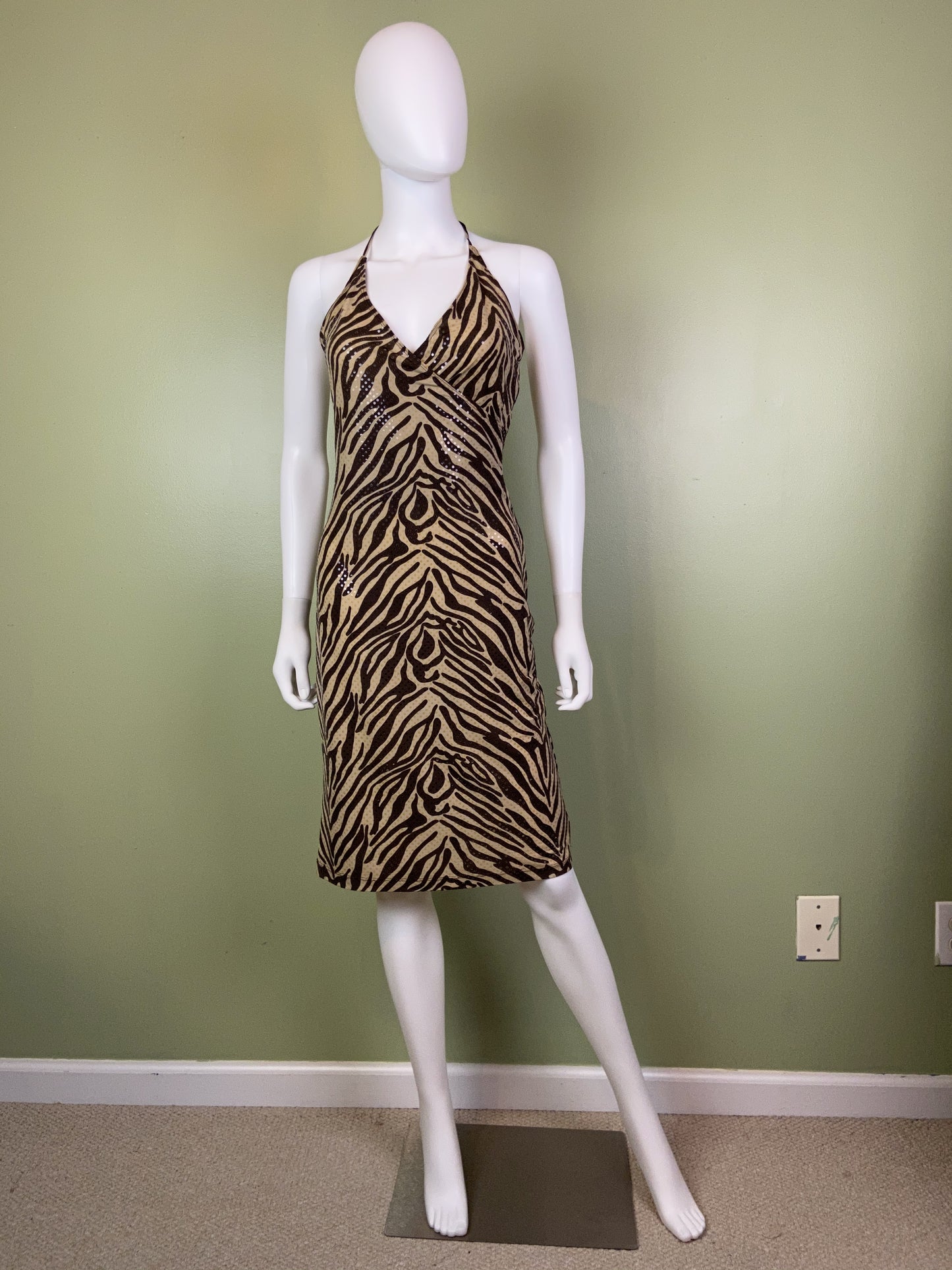 Vintage Brown Cheetah Print Sequin Stretch Wrap Dress