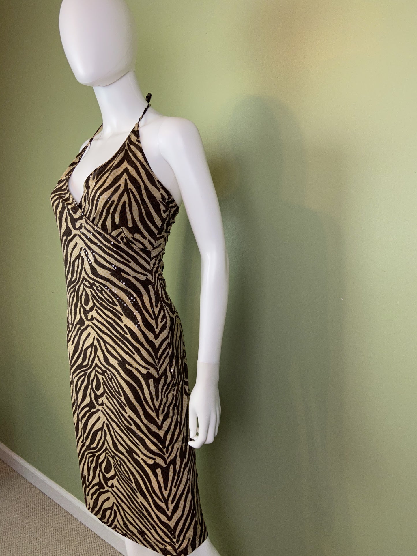 Vintage Brown Cheetah Print Sequin Stretch Wrap Dress