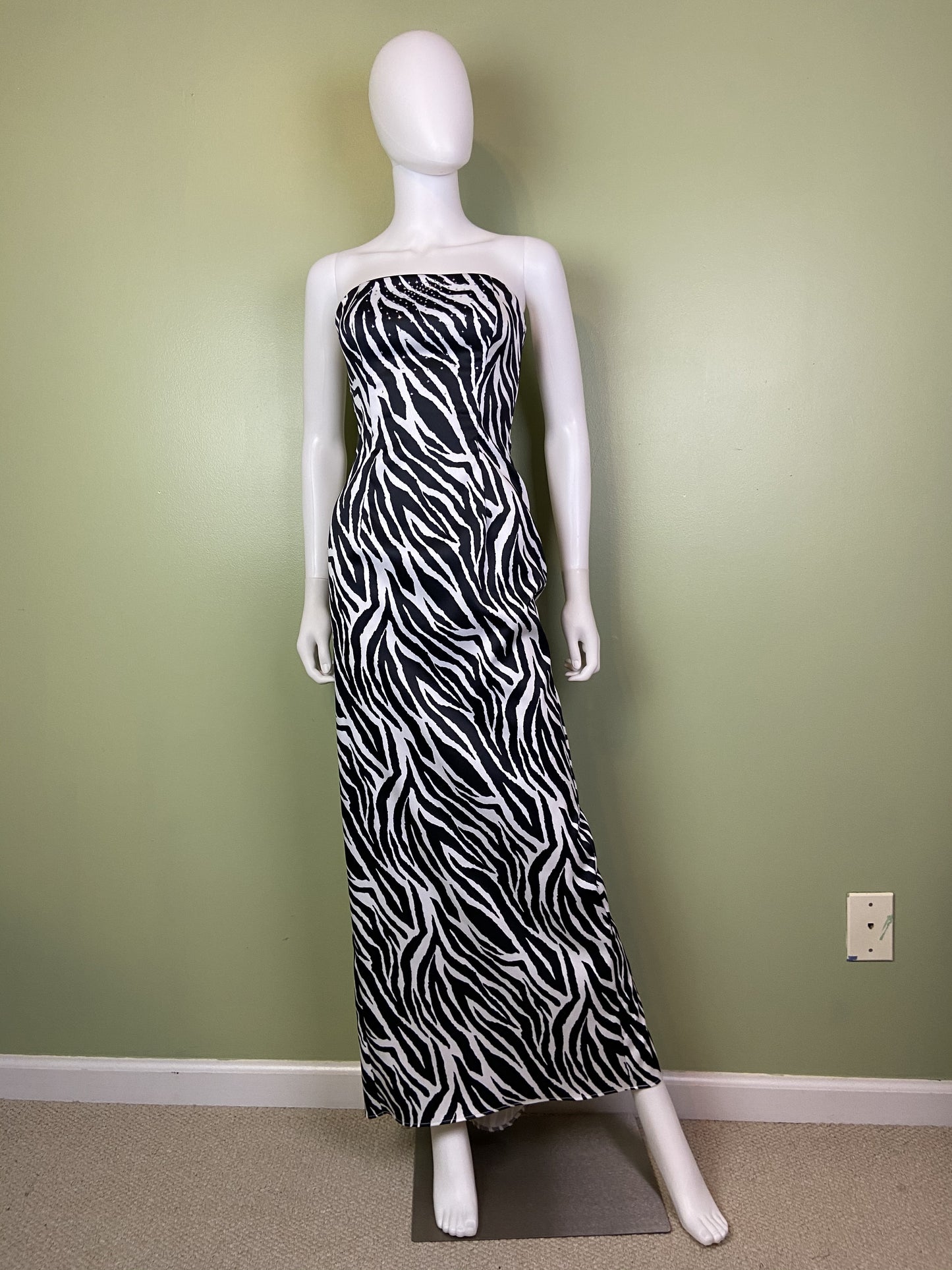 Vintage Zebra Print Satin Rhinestone Tuxedo Gown