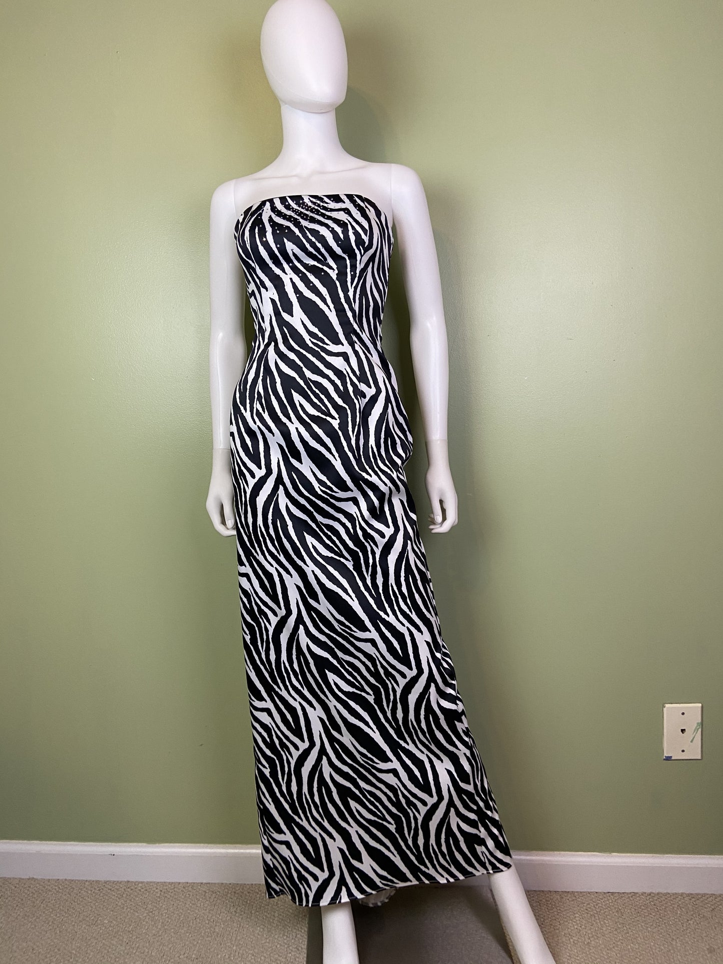 Vintage Zebra Print Satin Rhinestone Tuxedo Gown