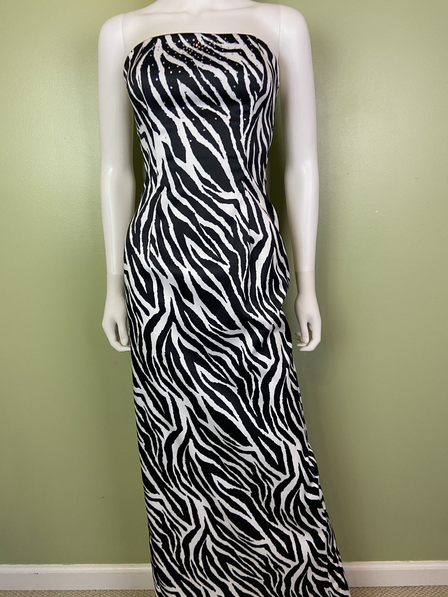Vintage Zebra Print Satin Rhinestone Tuxedo Gown