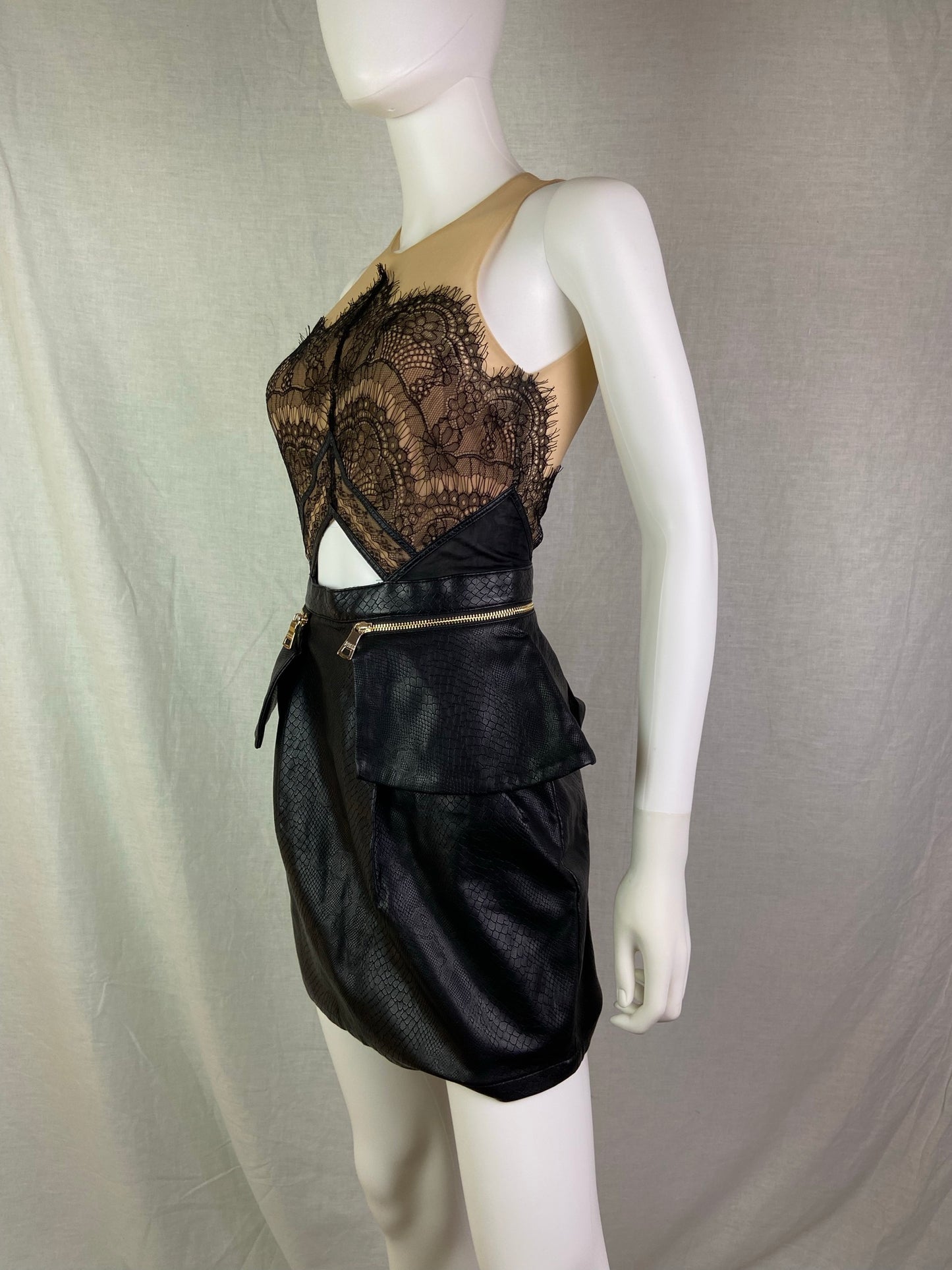 Three Floor Black Beige Lace Leather Peplum Mini Dress ABBY ESSIE STUDIOS