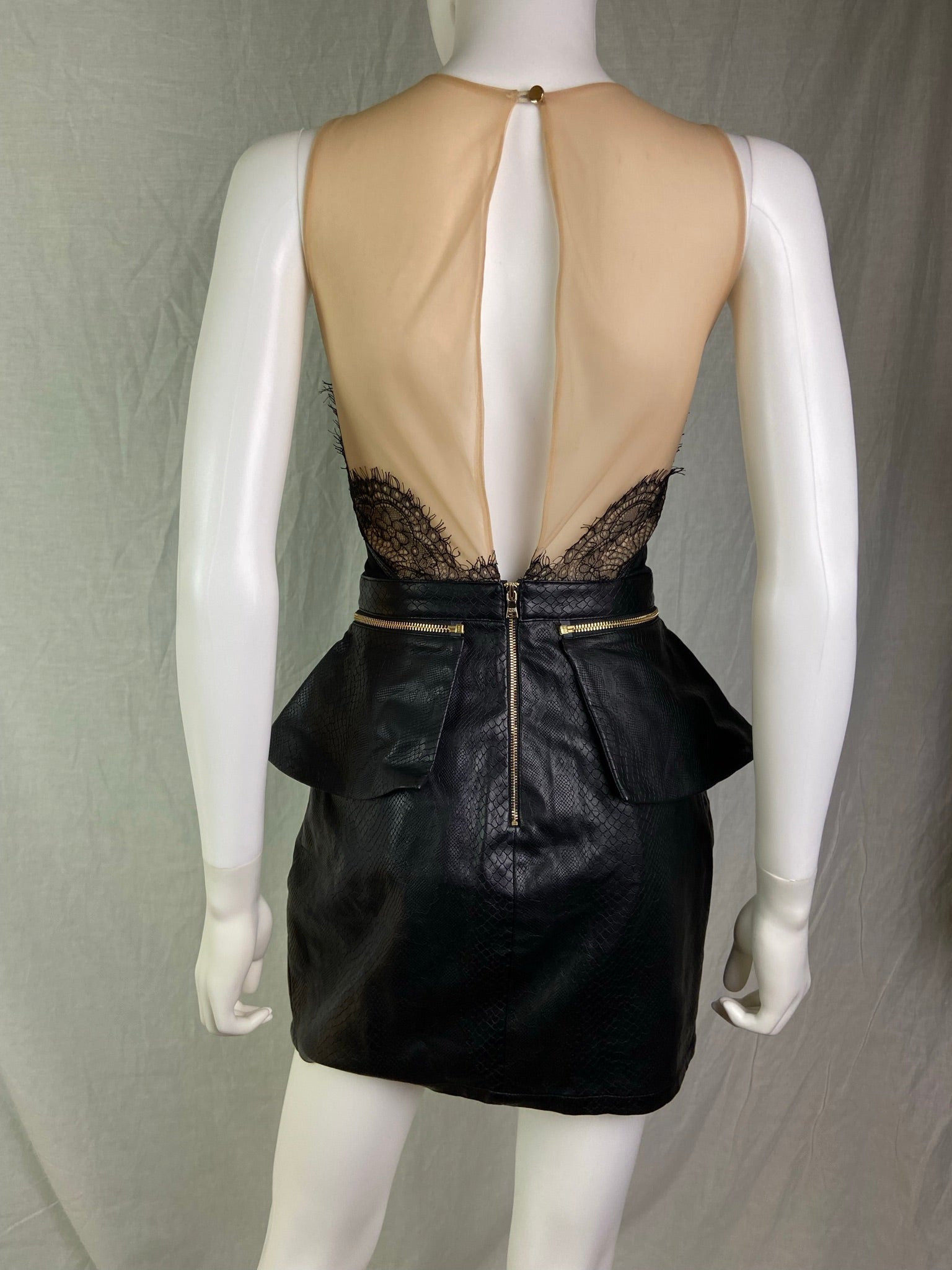 Three Floor Black Beige Lace Leather Peplum Mini Dress ABBY ESSIE STUDIOS