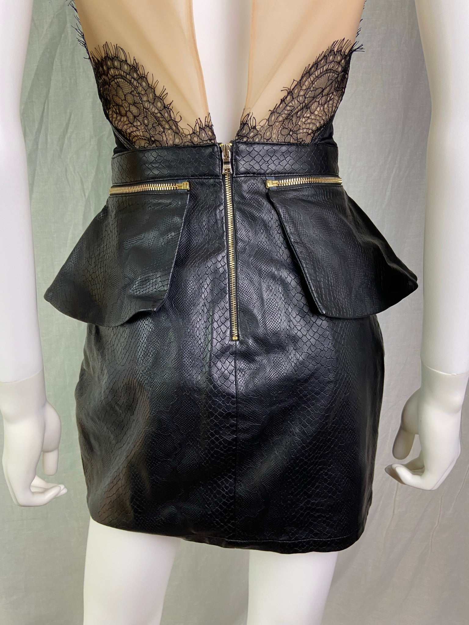 Three Floor Black Beige Lace Leather Peplum Mini Dress ABBY ESSIE STUDIOS