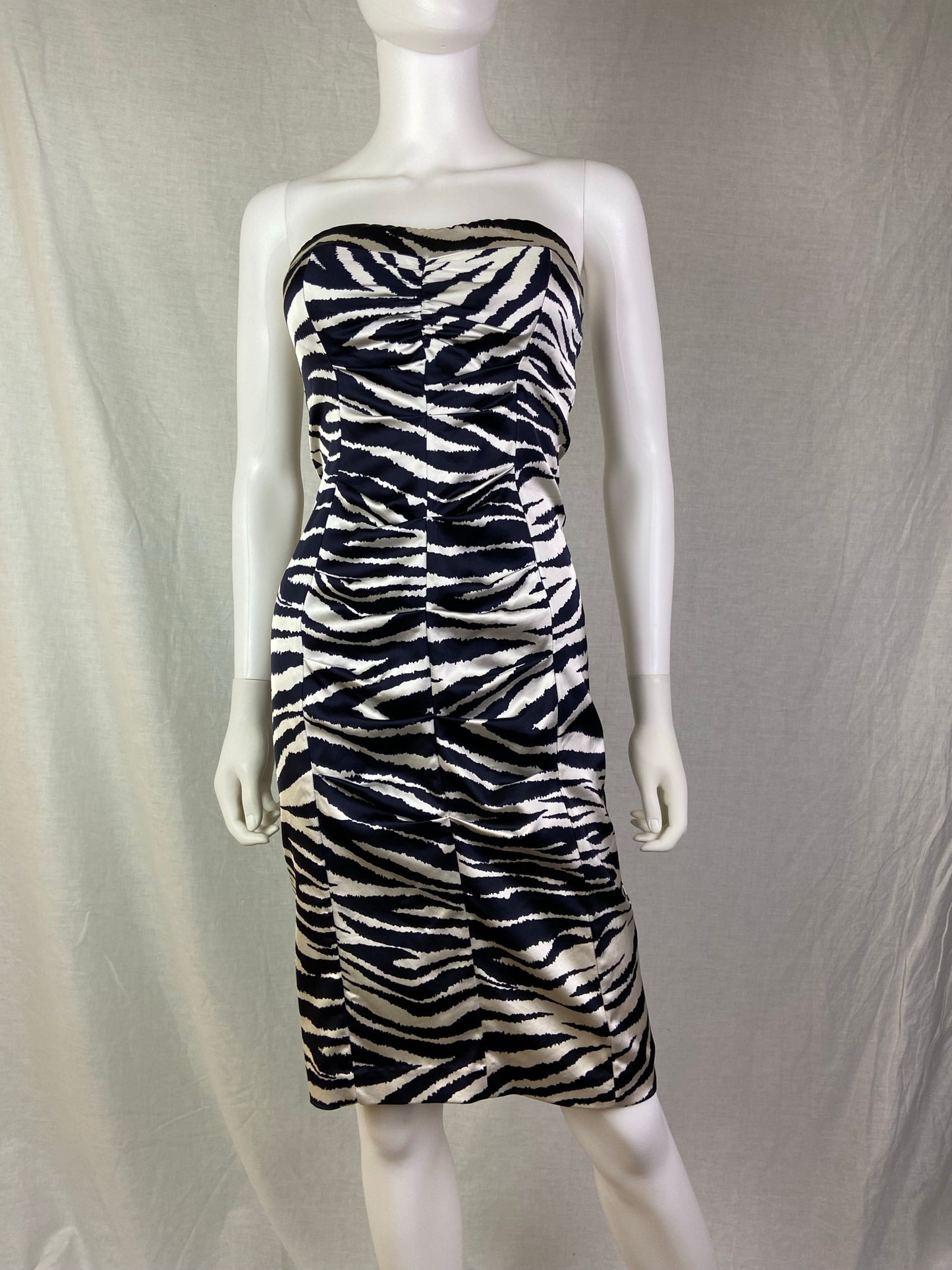 Cache Black White Zebra Print Satin Ruche Stretch Cocktail Dress ABBY ESSIE STUDIOS