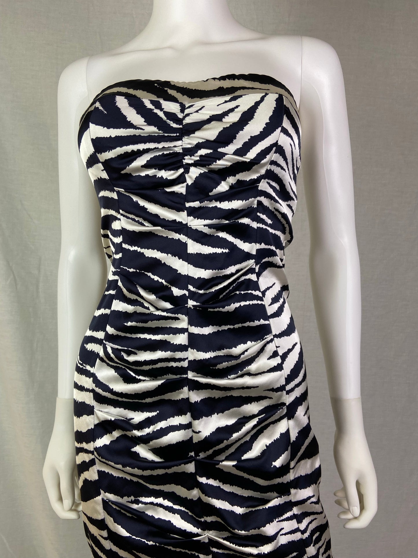 Cache Black White Zebra Print Satin Ruche Stretch Cocktail Dress ABBY ESSIE STUDIOS