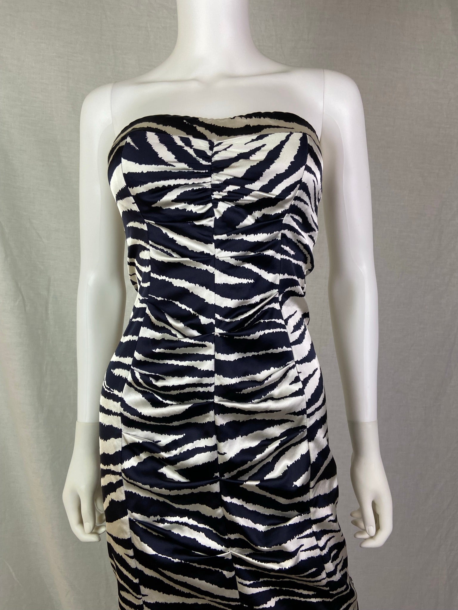 Cache Black White Zebra Print Satin Ruche Stretch Cocktail Dress ABBY ESSIE STUDIOS