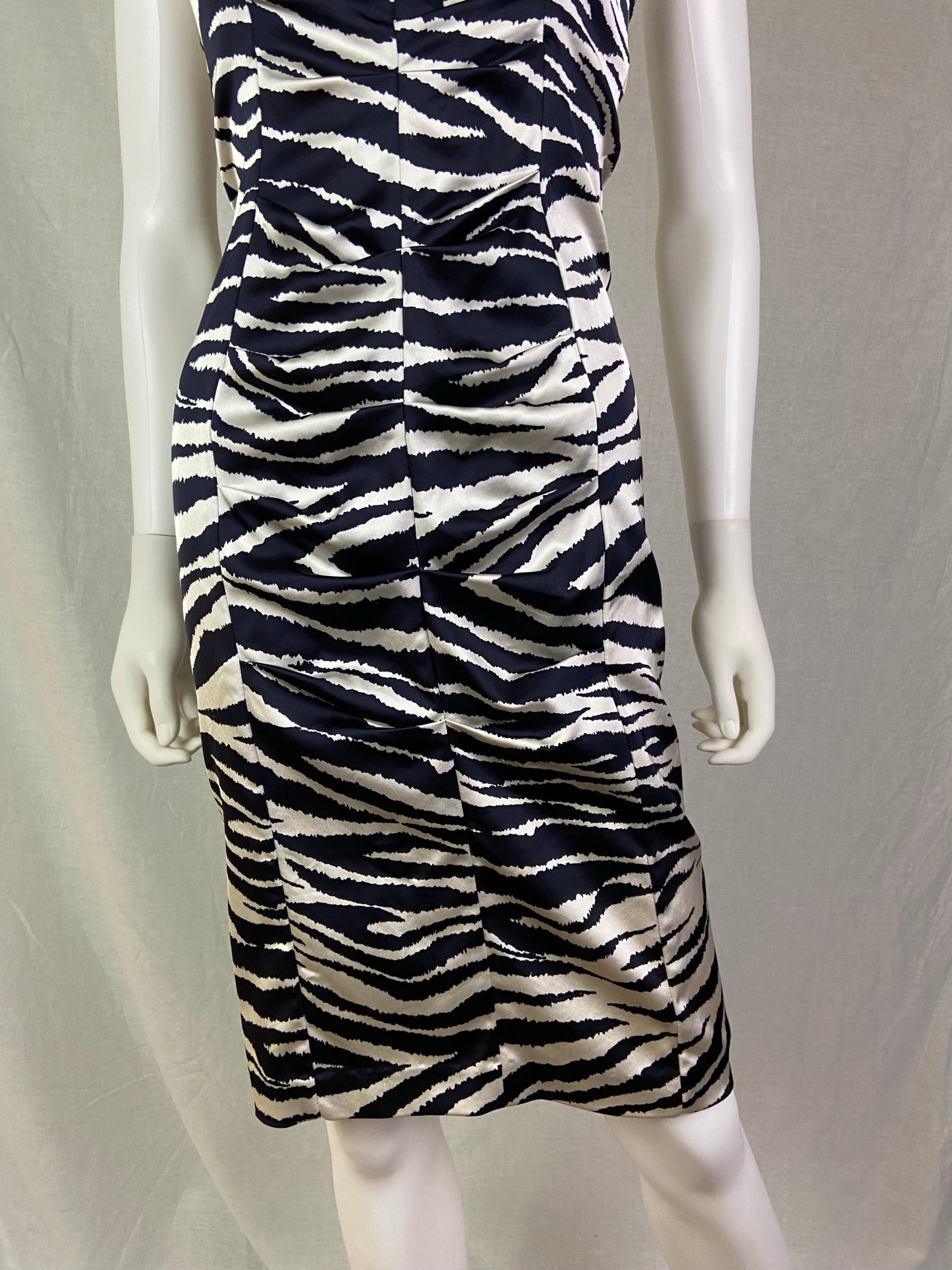 Cache Black White Zebra Print Satin Ruche Stretch Cocktail Dress ABBY ESSIE STUDIOS