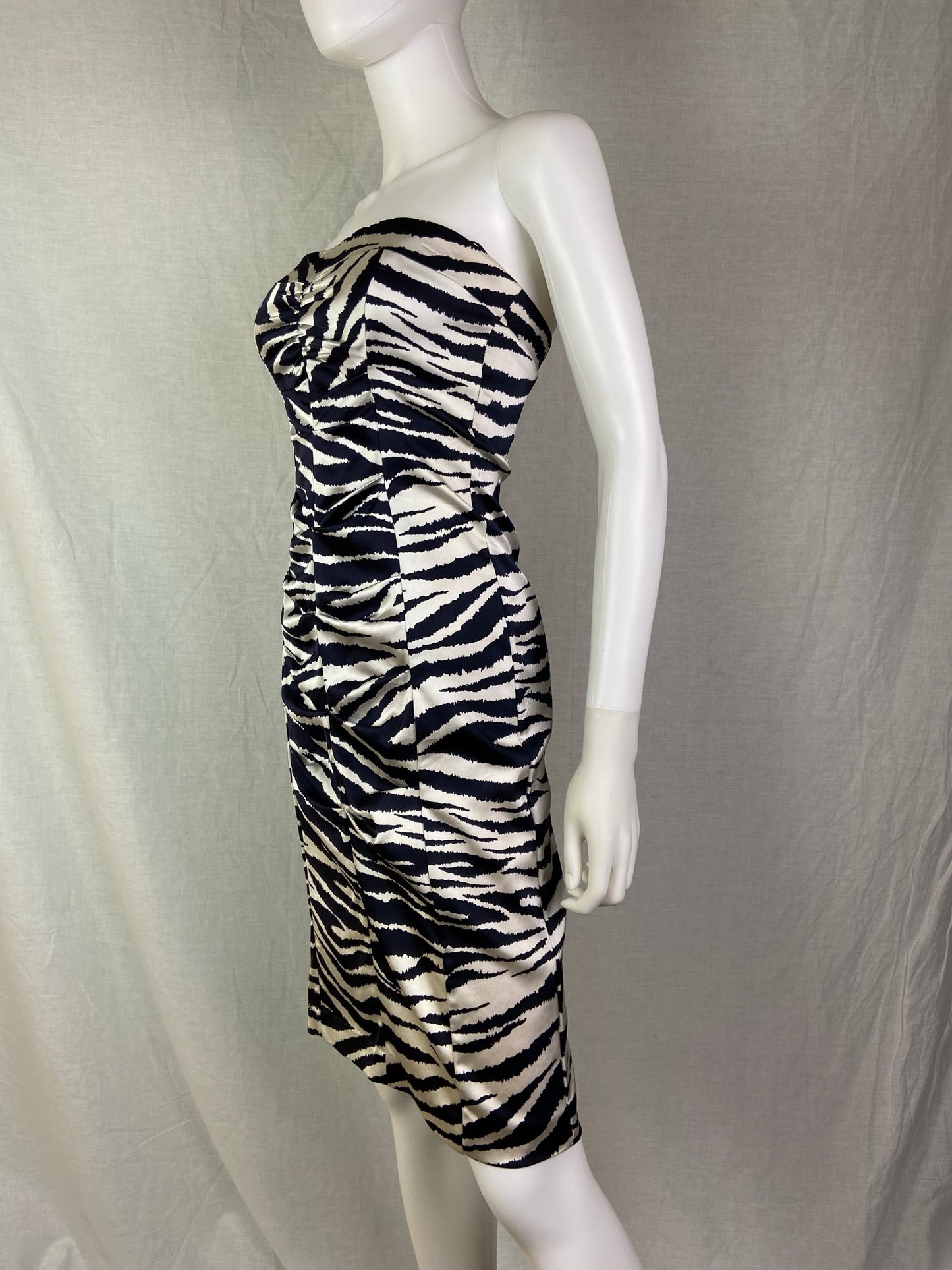 Cache Black White Zebra Print Satin Ruche Stretch Cocktail Dress