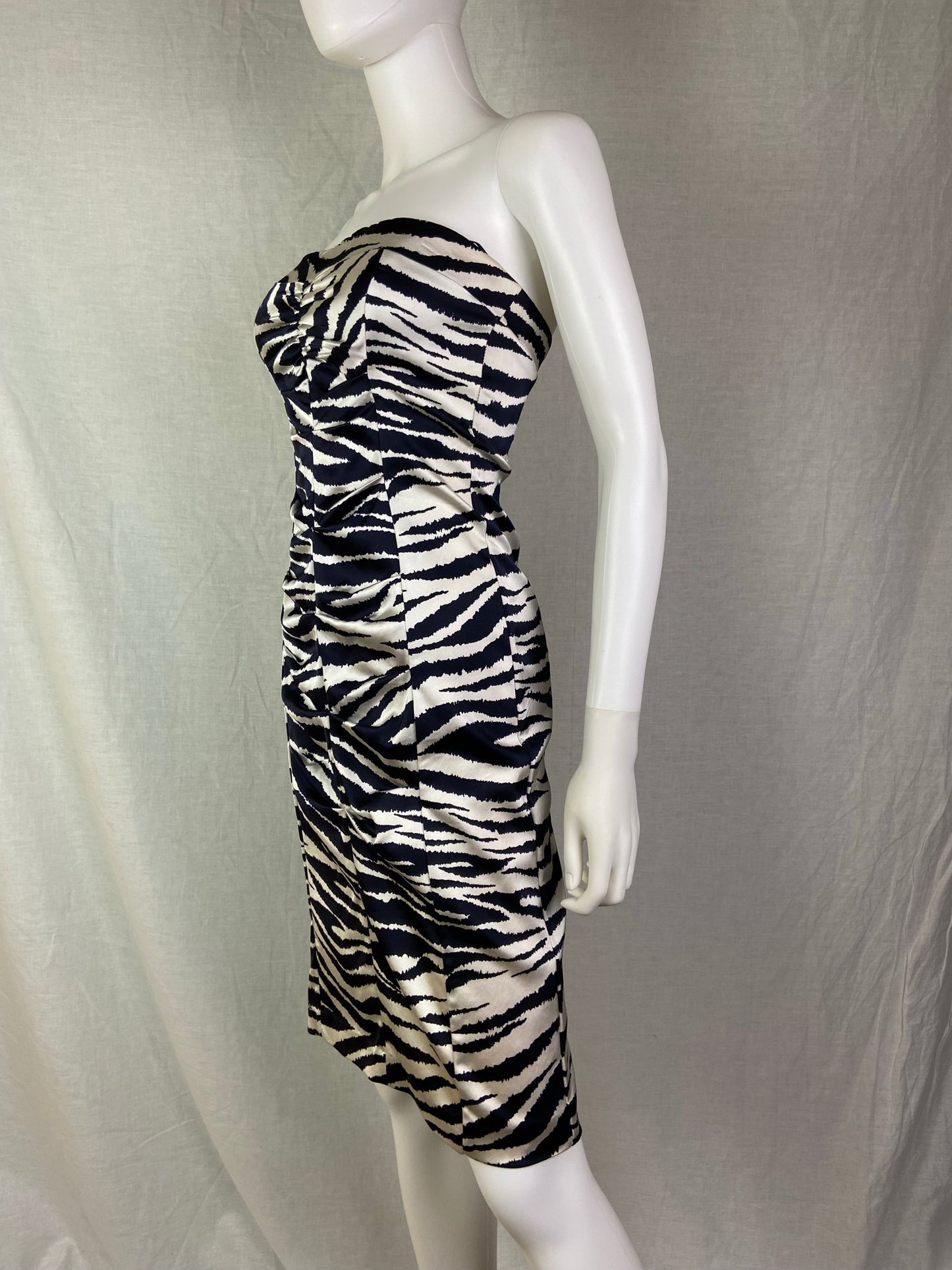 Cache Black White Zebra Print Satin Ruche Stretch Cocktail Dress ABBY ESSIE STUDIOS