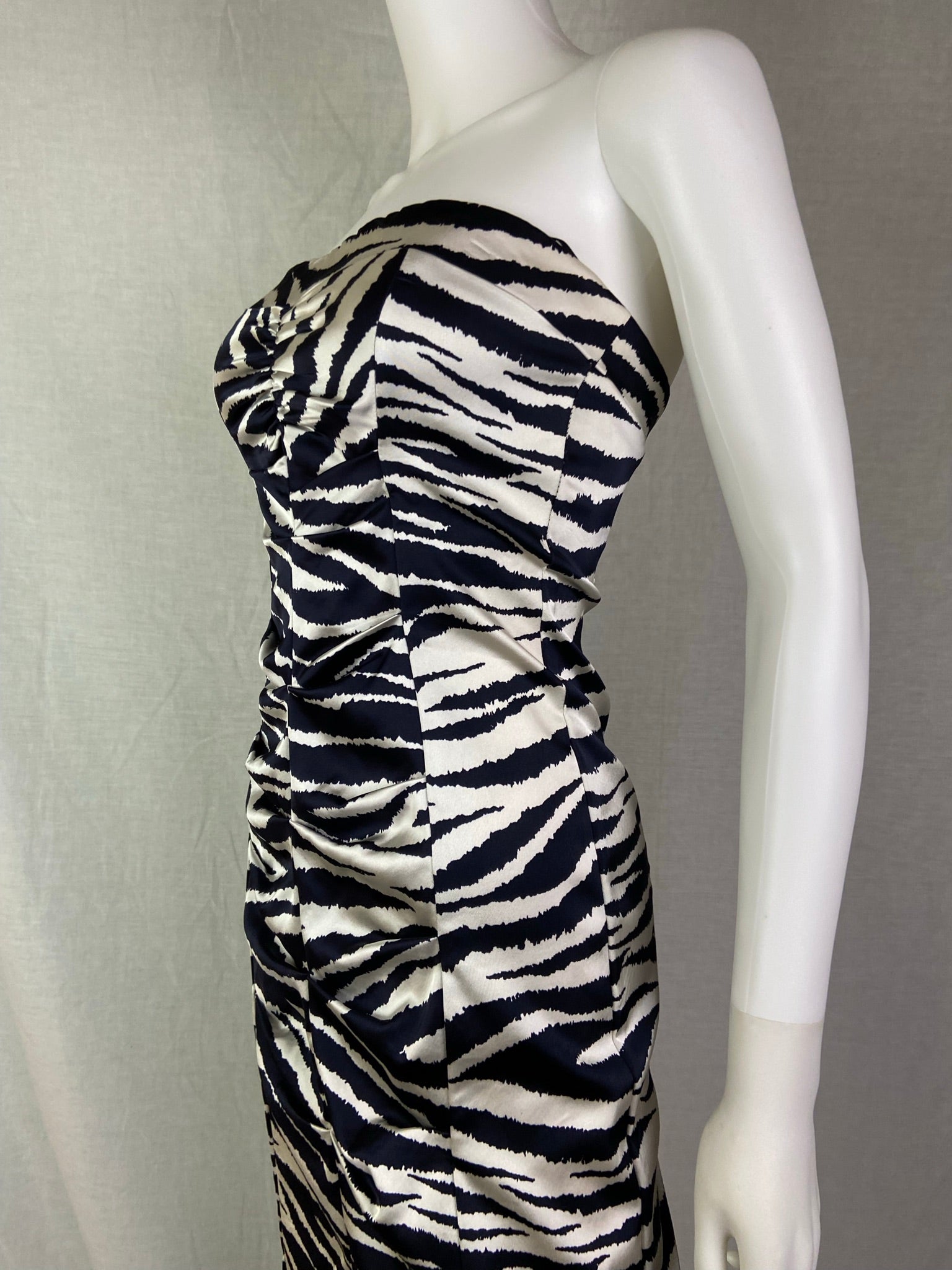 Cache Black White Zebra Print Satin Ruche Stretch Cocktail Dress ABBY ESSIE STUDIOS