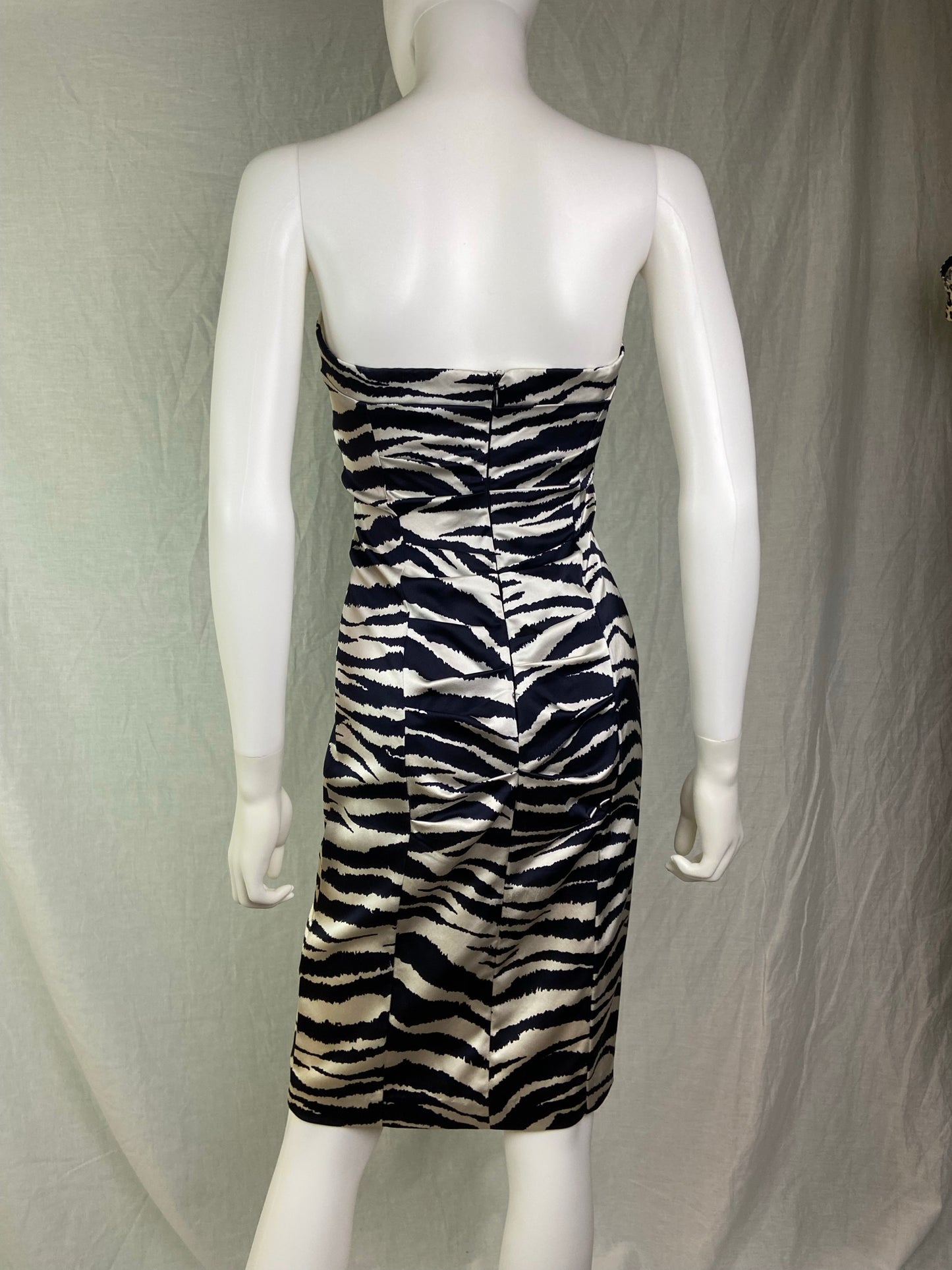 Cache Black White Zebra Print Satin Ruche Stretch Cocktail Dress ABBY ESSIE STUDIOS