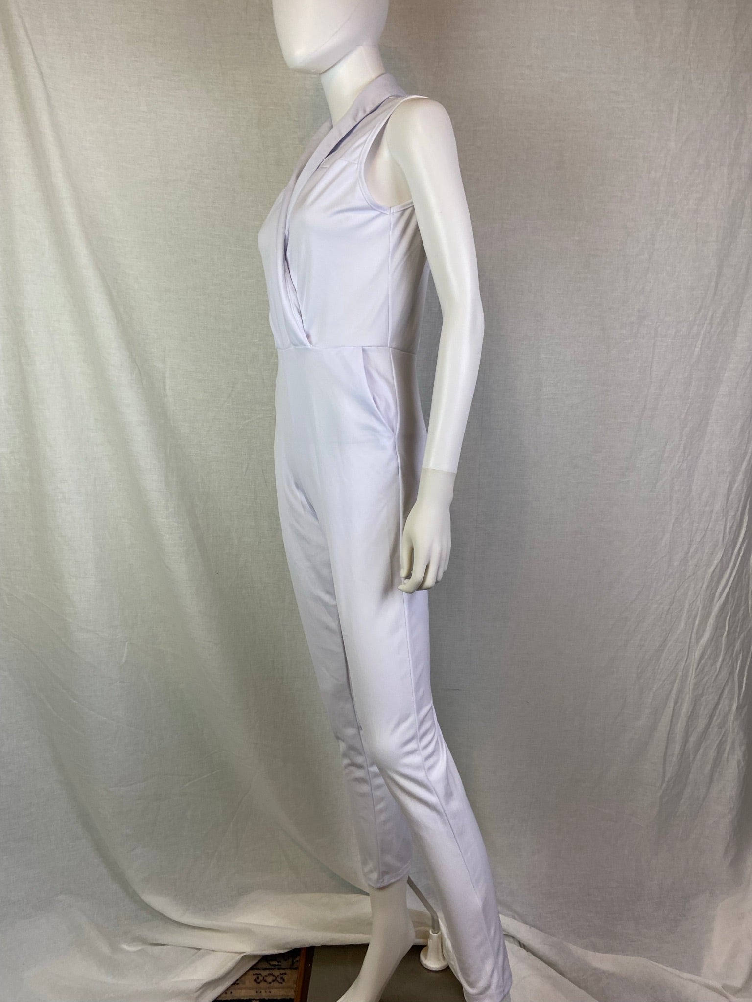 White Sleeveless Collar Pantsuit ABBY ESSIE STUDIOS