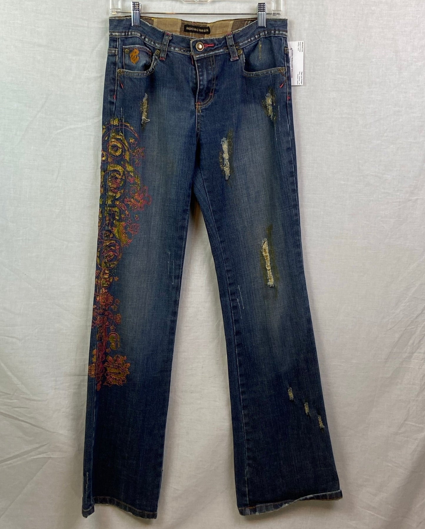 Vtg Rocawear Embroidered Gold Pink Blue Jeans Denim
