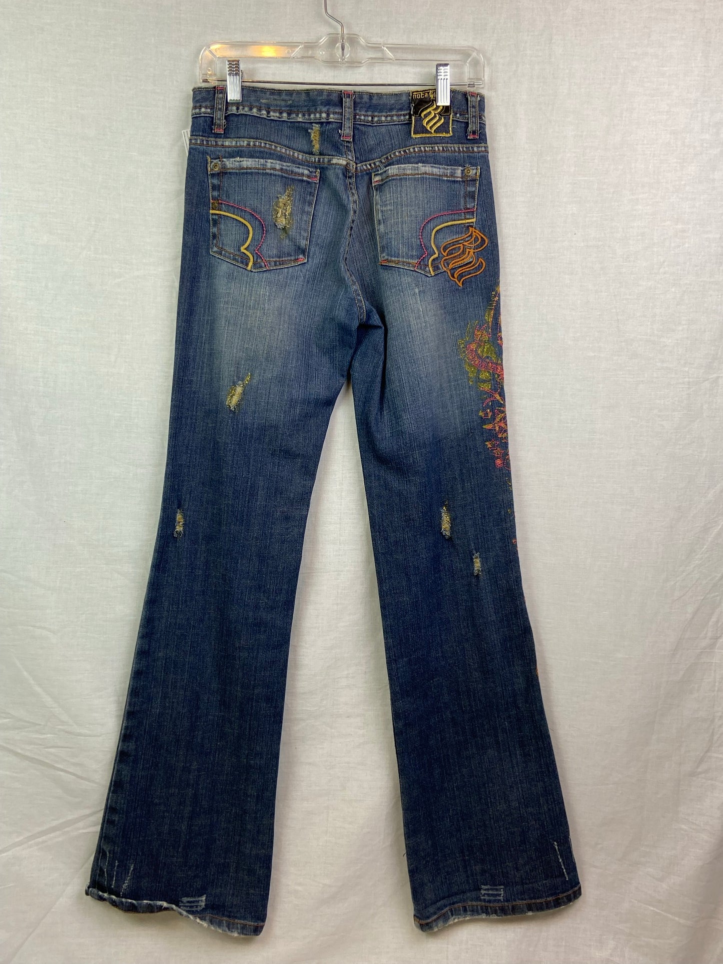 Vtg Rocawear Embroidered Gold Pink Blue Jeans Denim