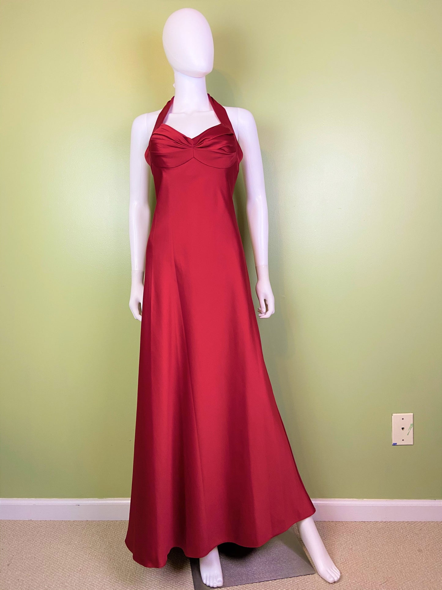 Calvin Klein Red Satin Halter Tuxedo Gown ABBY ESSIE Designer & Vintage