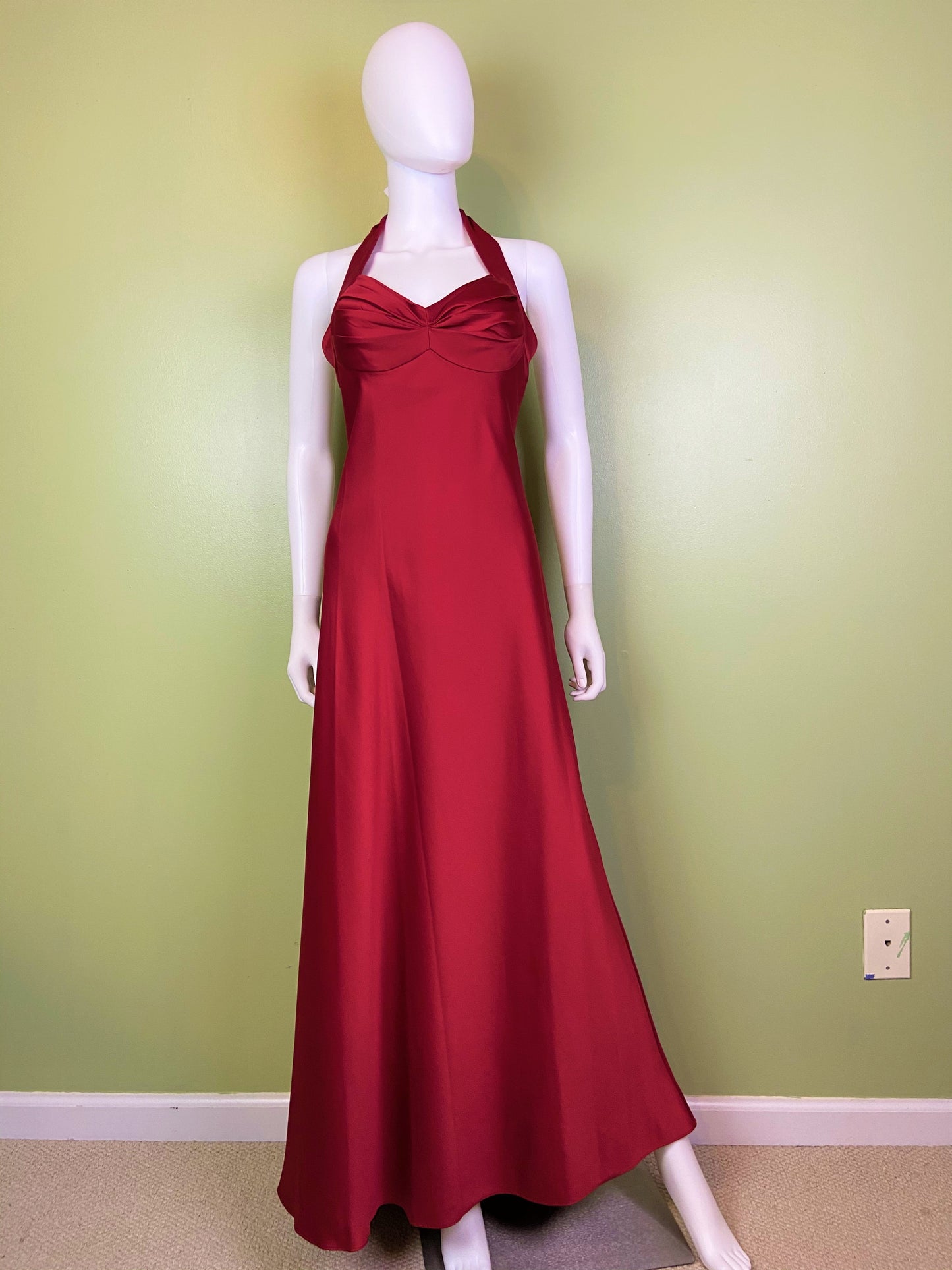 Calvin Klein Red Satin Halter Tuxedo Gown ABBY ESSIE Designer & Vintage