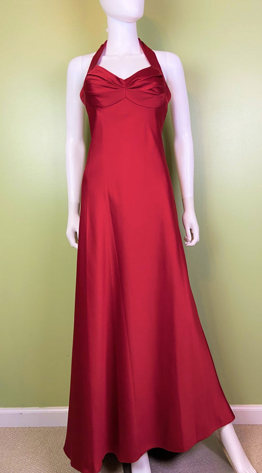 Calvin Klein Red Satin Halter Tuxedo Gown ABBY ESSIE Designer & Vintage