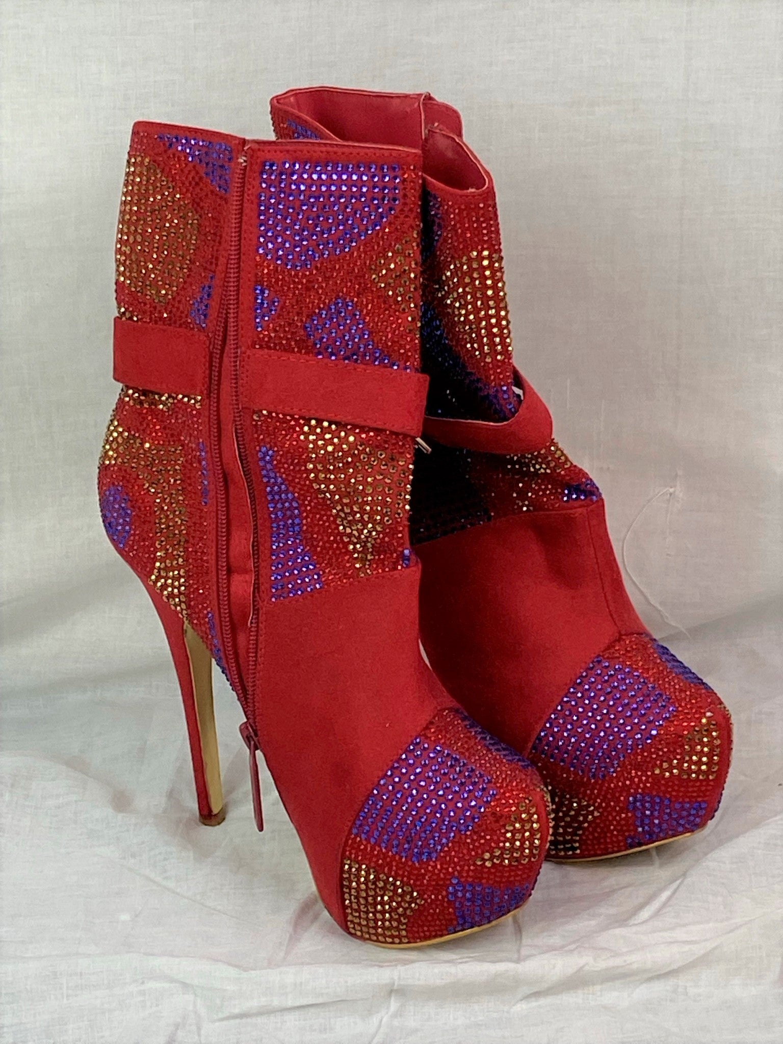 Alba Red Rhinestone faux Suede Platform Stiletto Boots ABBY ESSIE STUDIOS