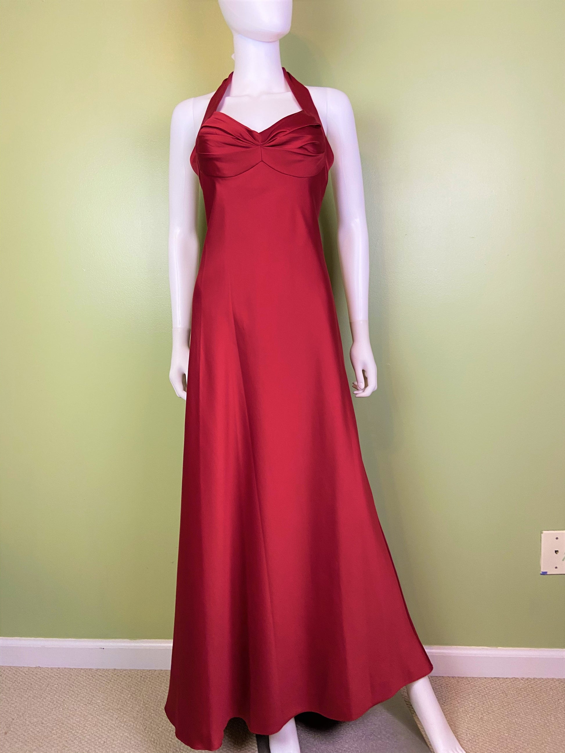 Calvin Klein Red Satin Halter Tuxedo Gown ABBY ESSIE Designer & Vintage