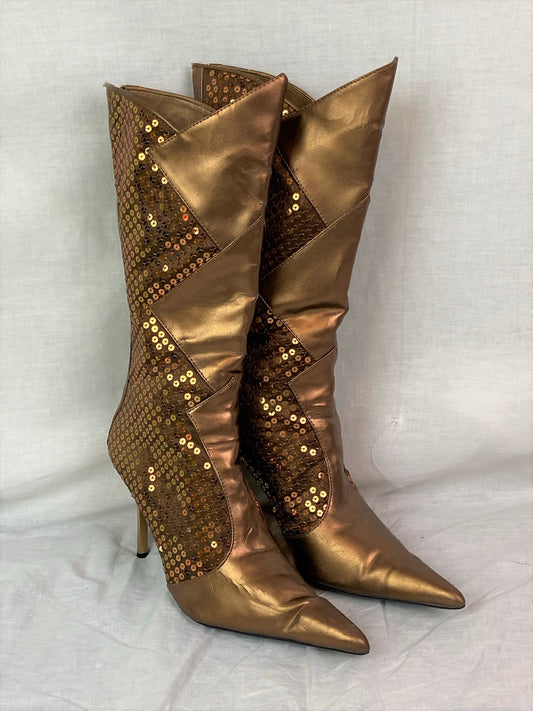 Paprika Bronze Brown Sequin Rocker Club Go-Go Stiletto Boots 8.5 Abby Essie