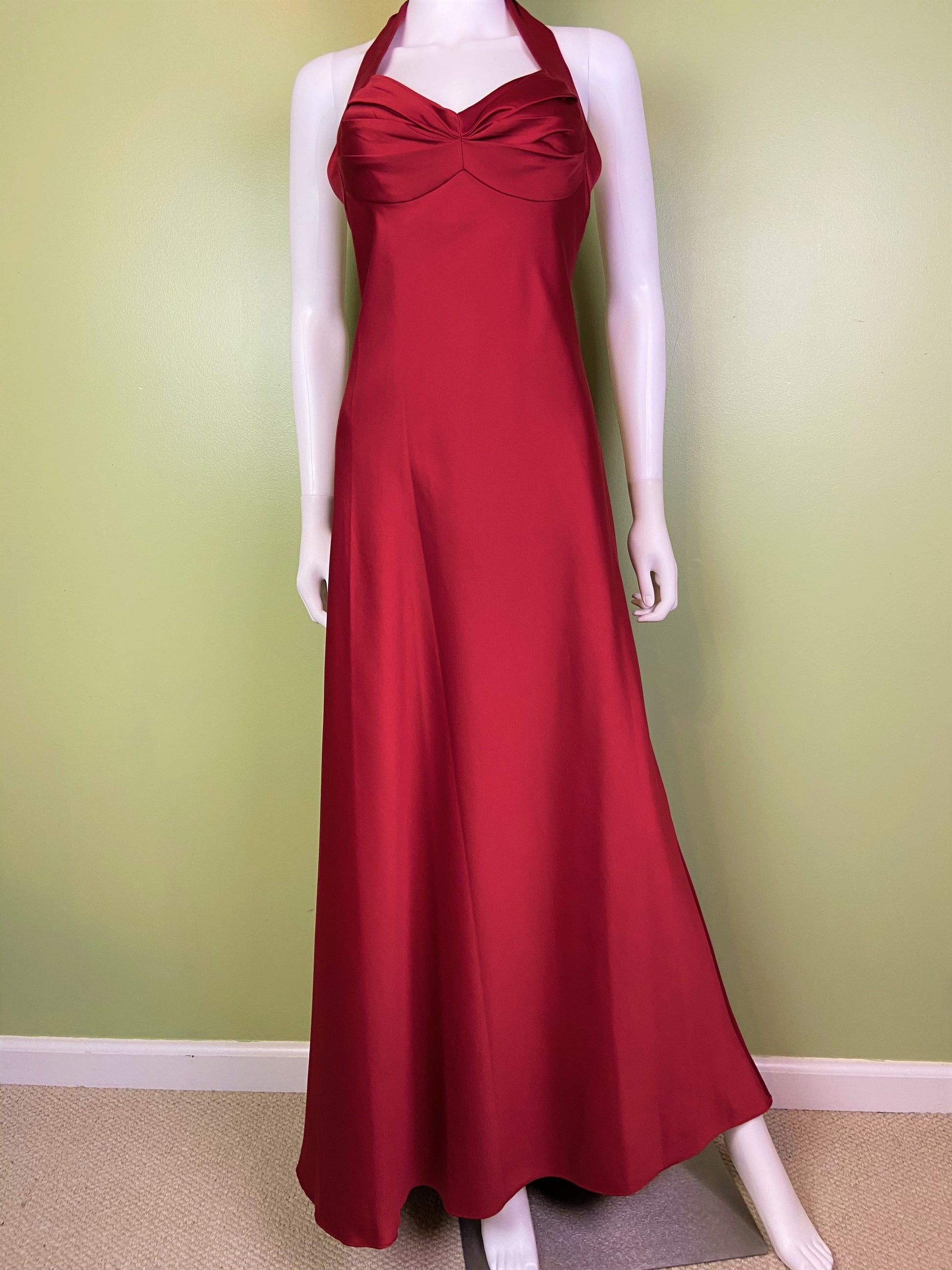 Calvin Klein Red Satin Halter Tuxedo Gown ABBY ESSIE Designer & Vintage