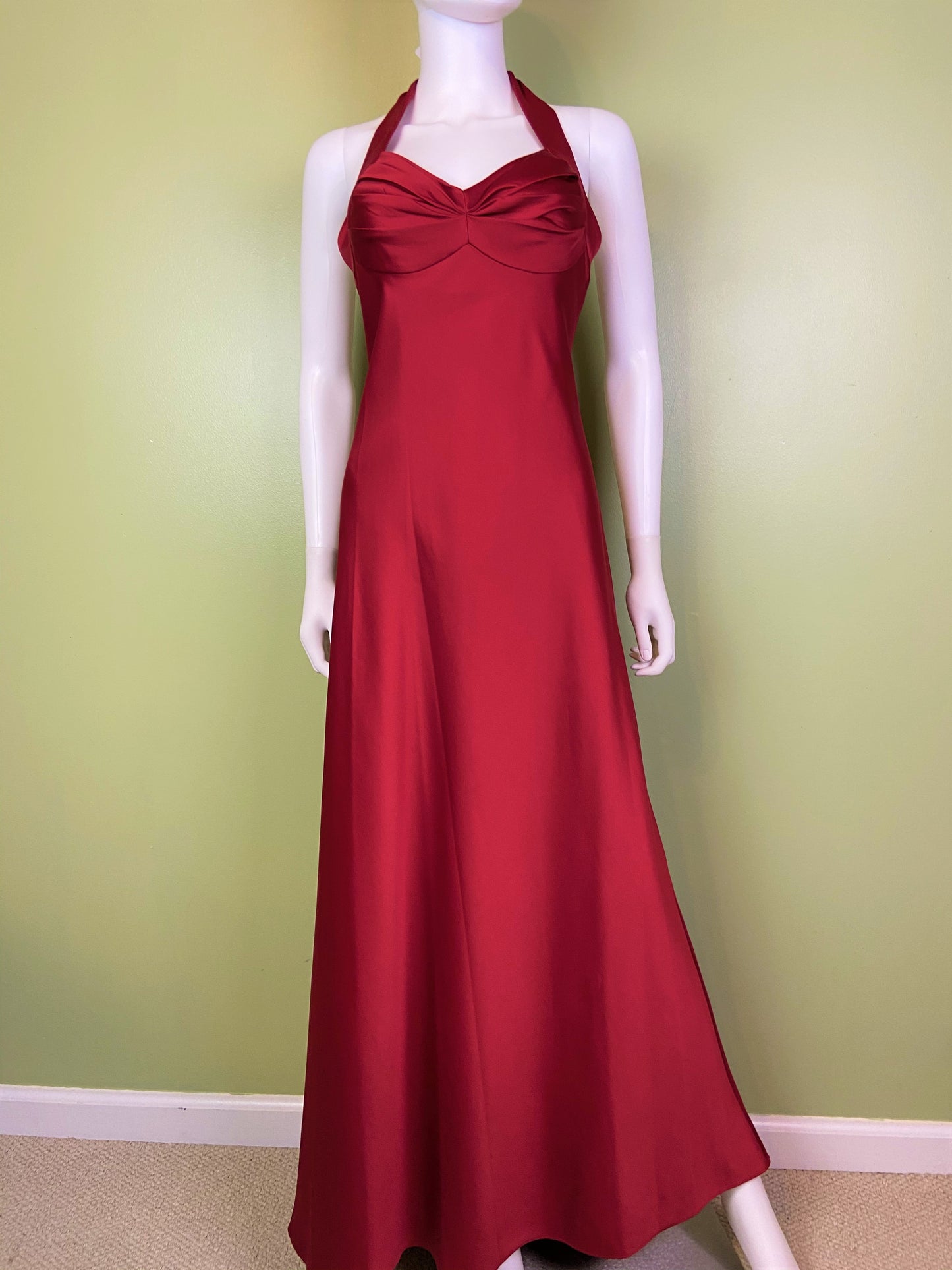 Calvin Klein Red Satin Halter Tuxedo Gown ABBY ESSIE Designer & Vintage