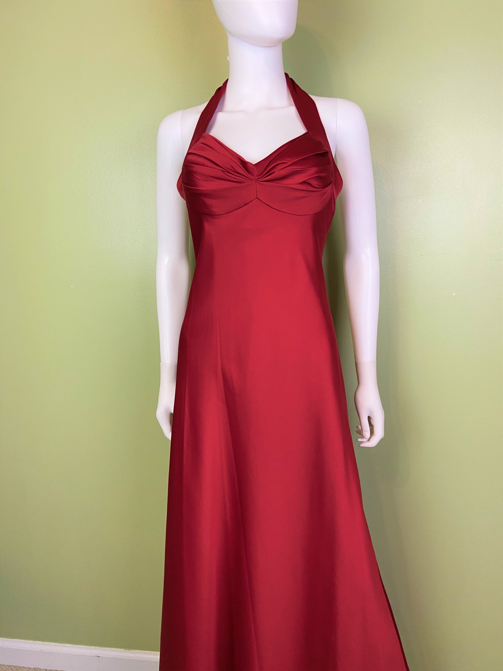 Calvin Klein Red Satin Halter Tuxedo Gown ABBY ESSIE Designer & Vintage