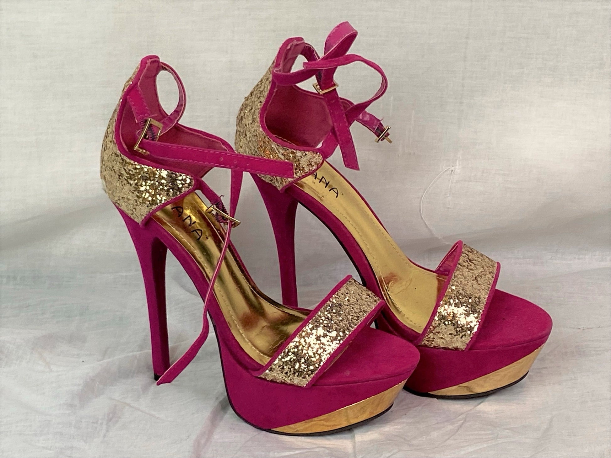 Liliana Hot Pink Gold Glitter satin Sandals Platform Stilettos ABBY ESSIE STUDIOS