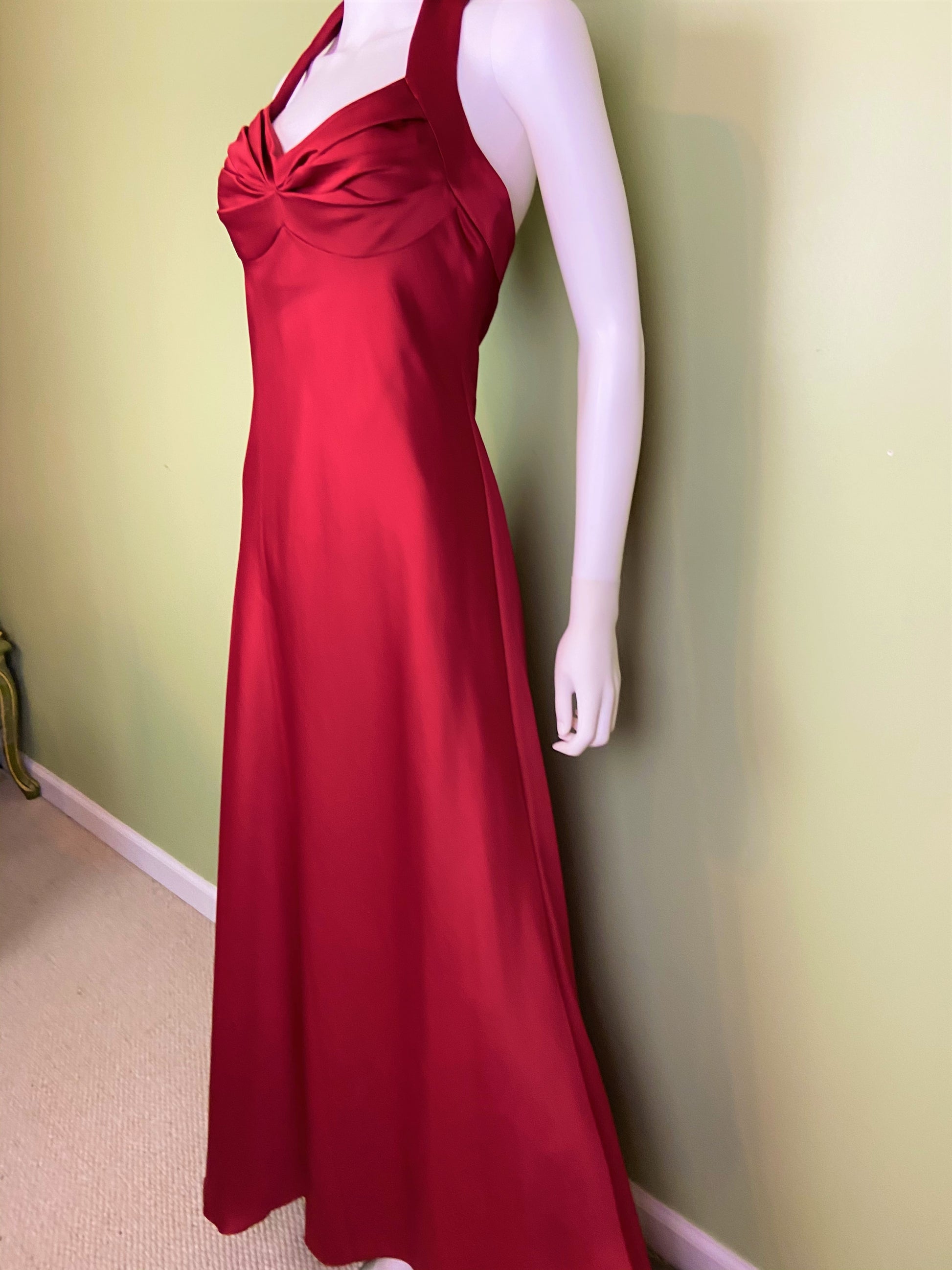 Calvin Klein Red Satin Halter Tuxedo Gown ABBY ESSIE Designer & Vintage