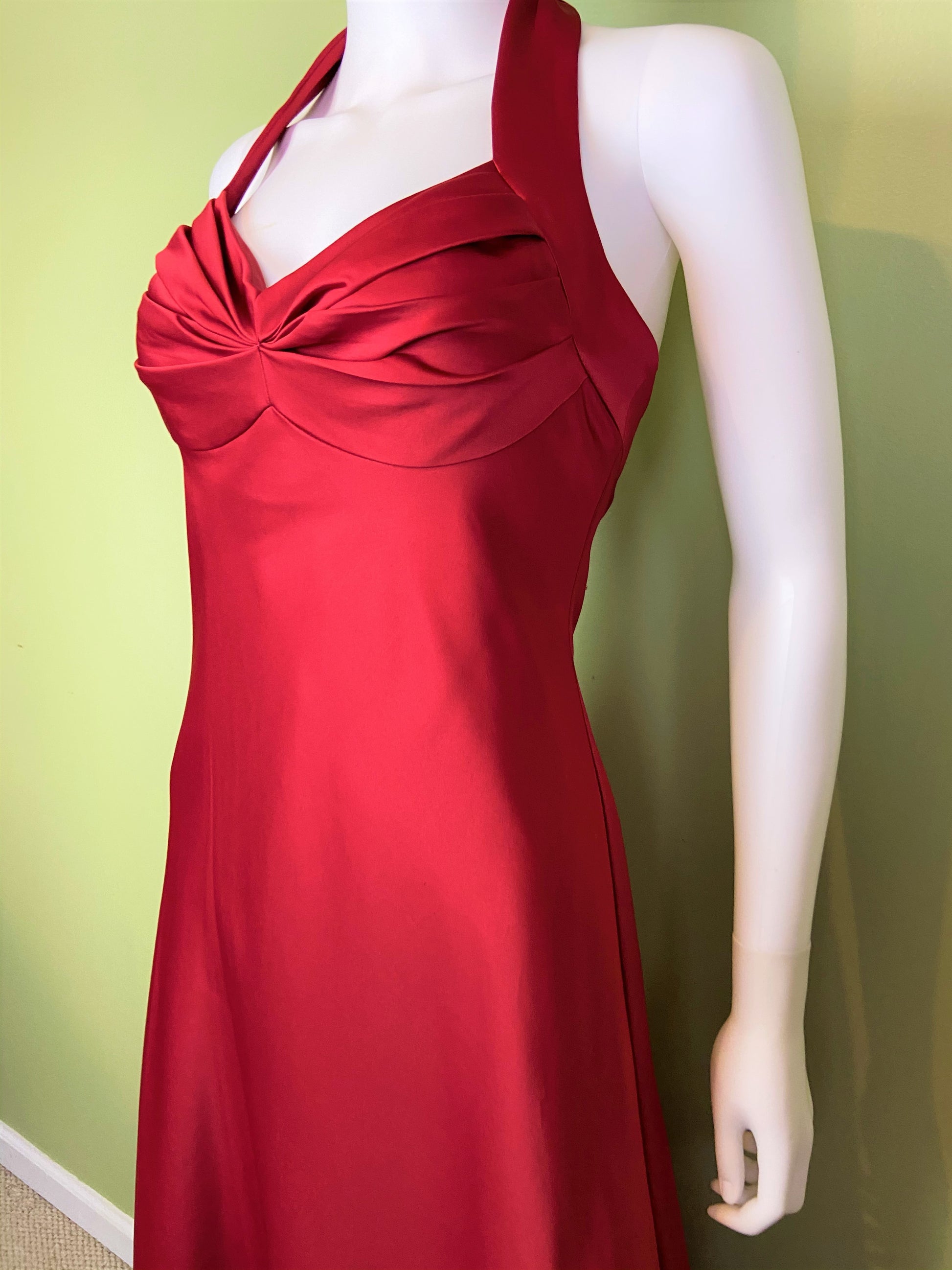 Calvin Klein Red Satin Halter Tuxedo Gown ABBY ESSIE Designer & Vintage