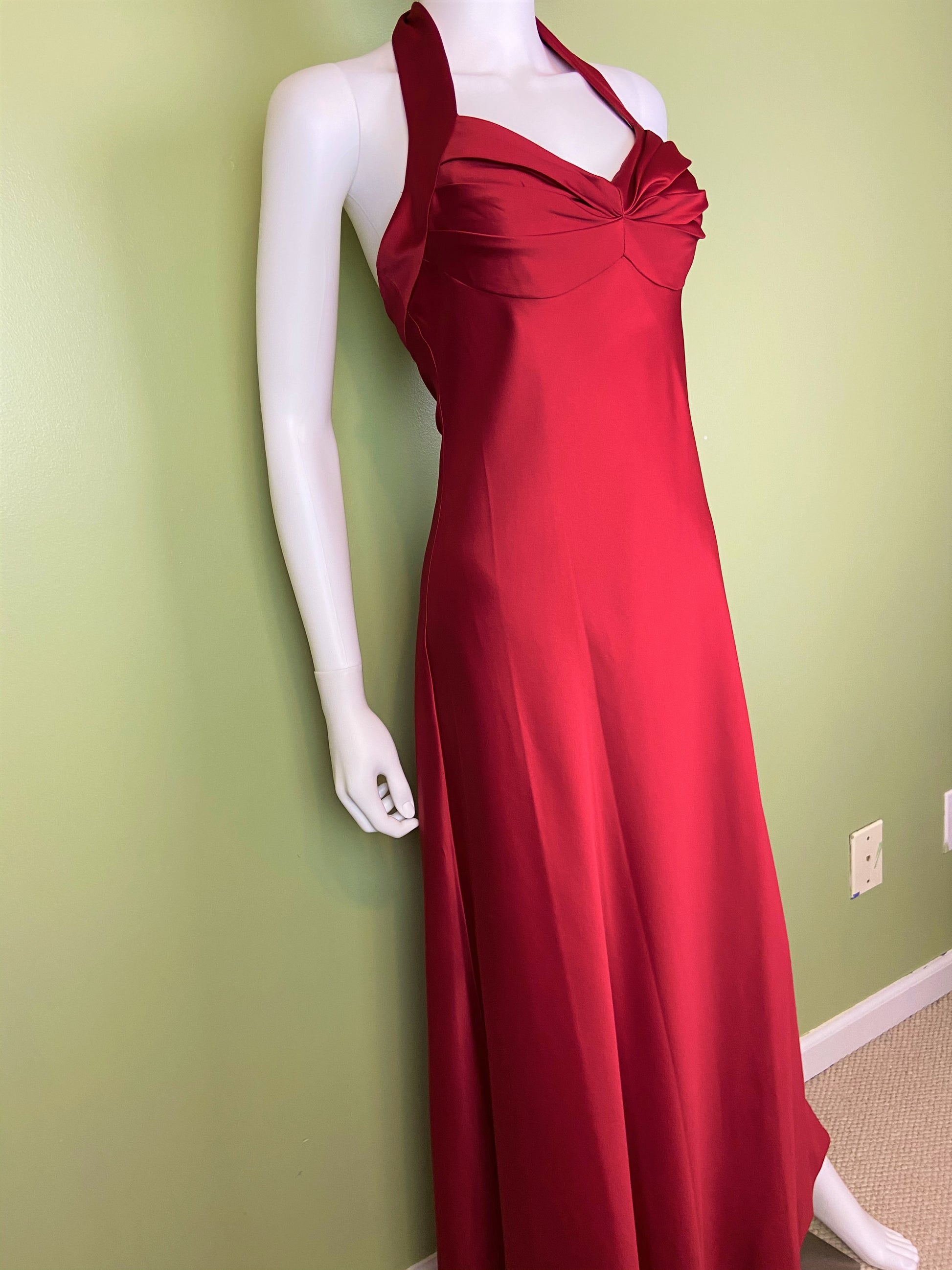 Calvin Klein Red Satin Halter Tuxedo Gown ABBY ESSIE Designer & Vintage