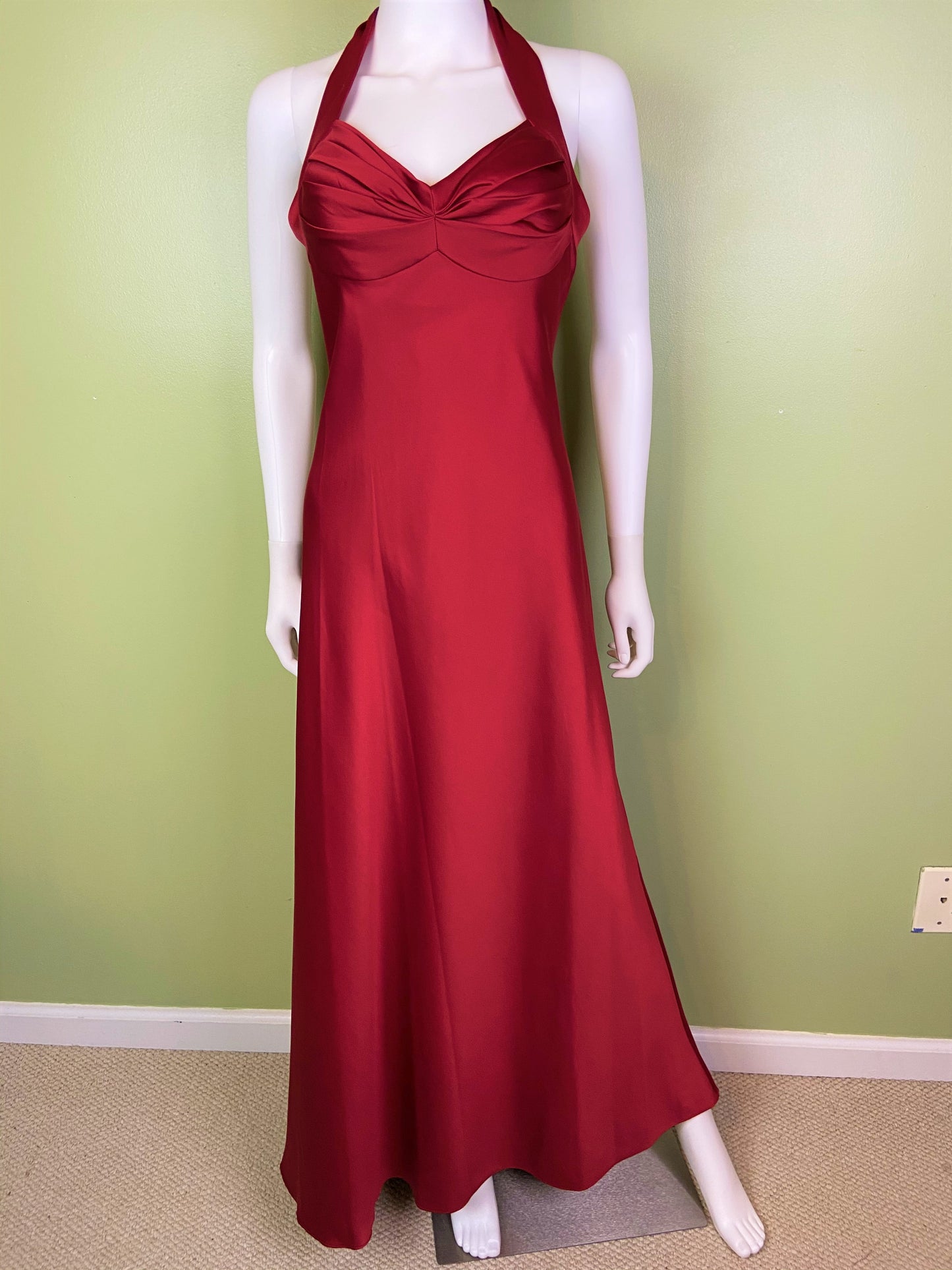 Calvin Klein Red Satin Halter Tuxedo Gown ABBY ESSIE Designer & Vintage