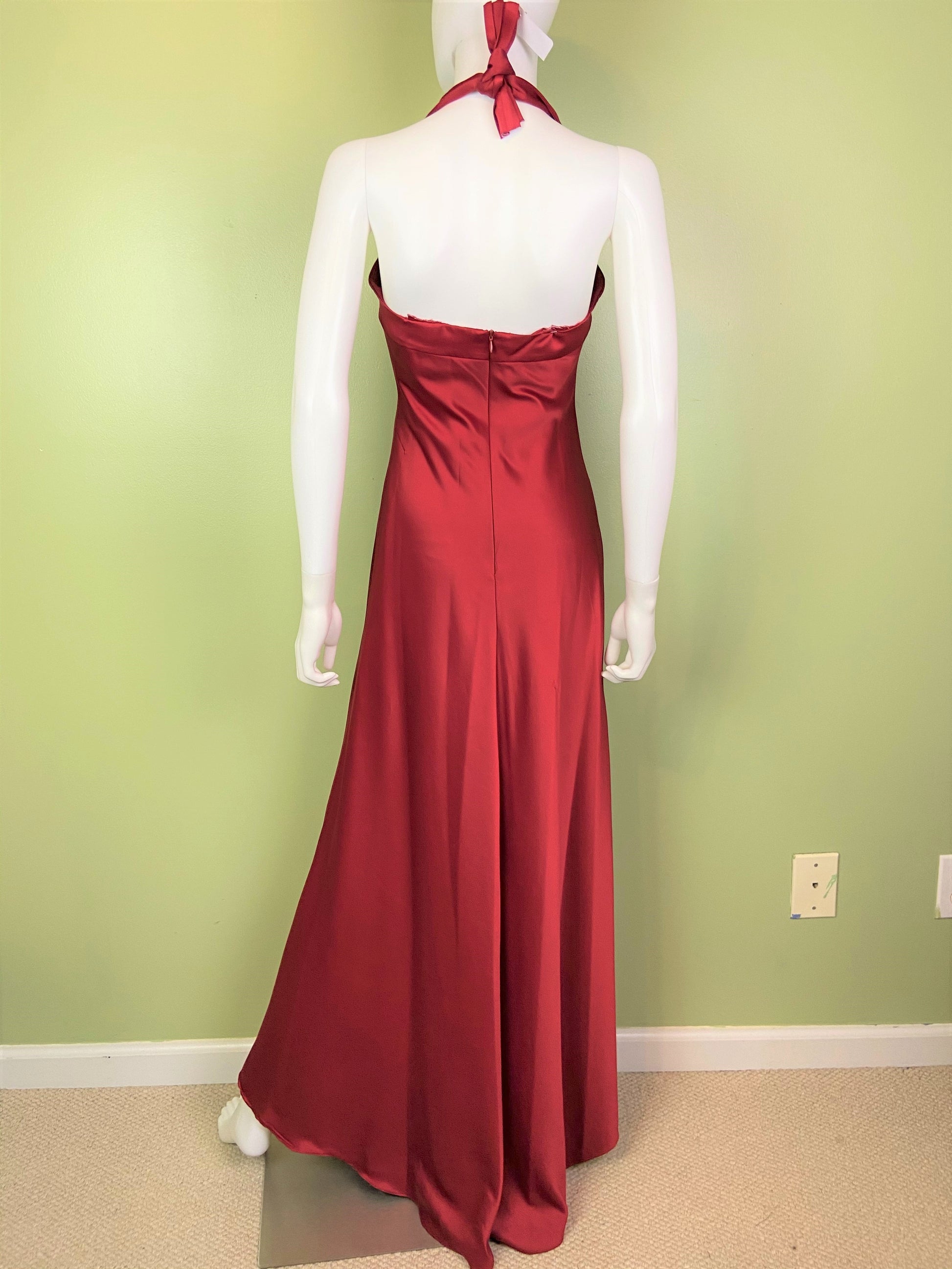 Calvin Klein Red Satin Halter Tuxedo Gown ABBY ESSIE Designer & Vintage