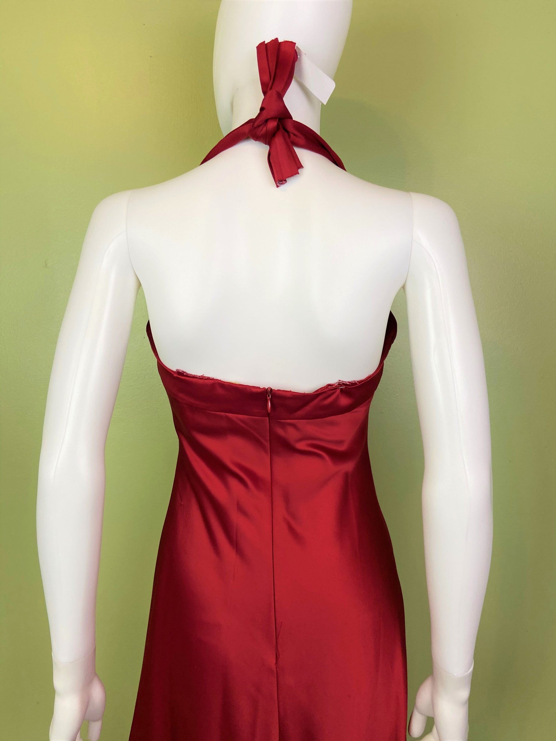 Calvin Klein Red Satin Halter Tuxedo Gown ABBY ESSIE Designer & Vintage