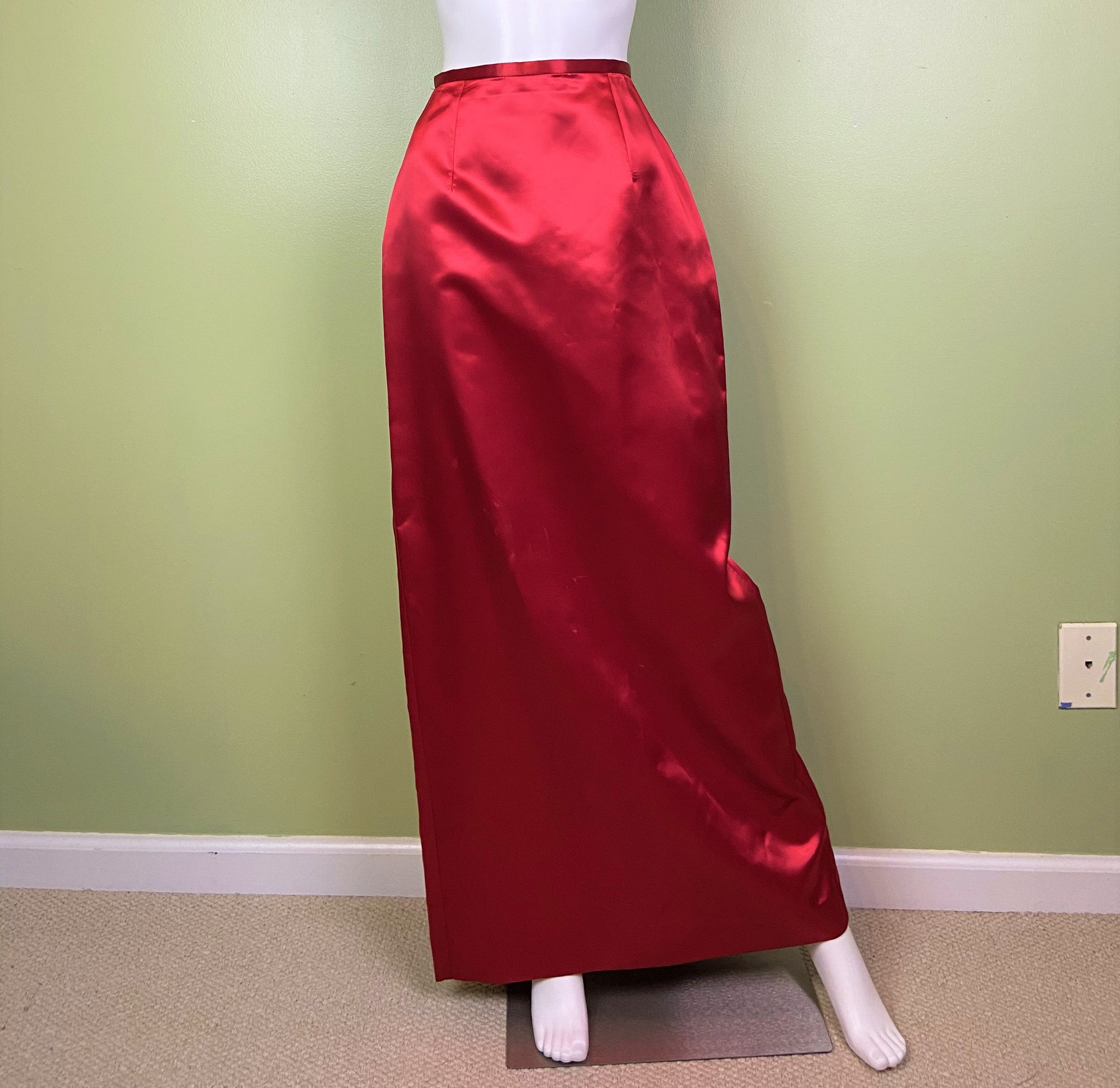 Long Red Satin Tuxedo Column Skirt ABBY ESSIE Designer & Vintage