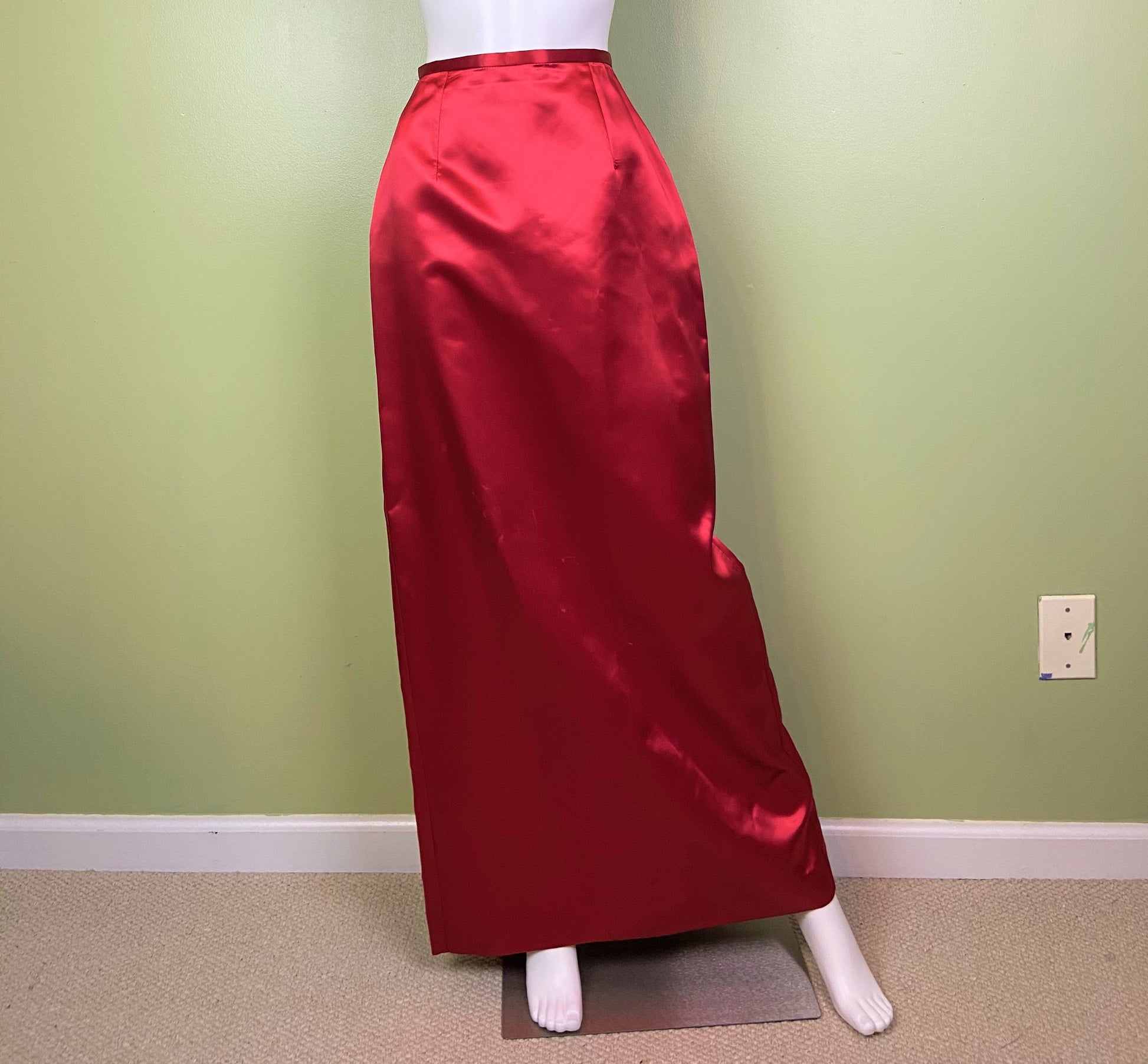 Long Red Satin Tuxedo Column Skirt ABBY ESSIE Designer & Vintage