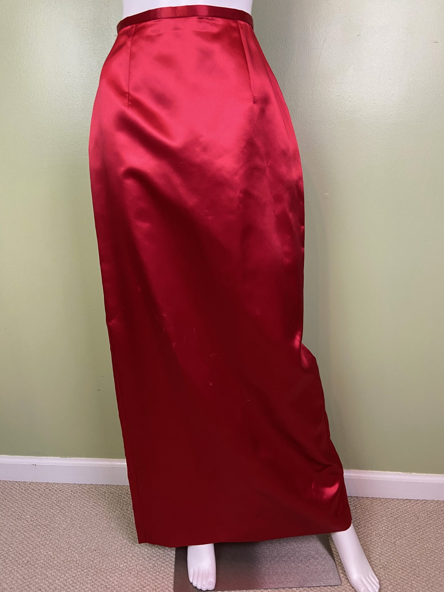 Long Red Satin Tuxedo Column Skirt ABBY ESSIE Designer & Vintage