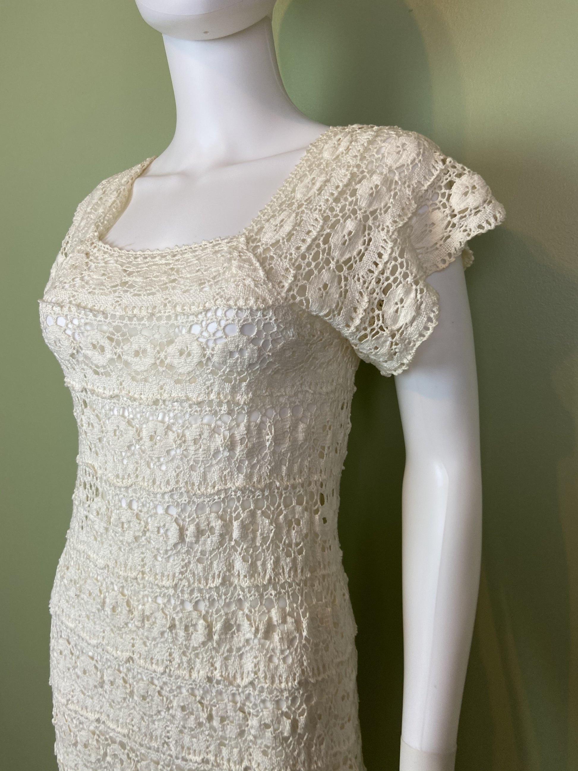 Vintage Bespoke Hand Knit Cream White Lace Crochet Gown Abby Essie