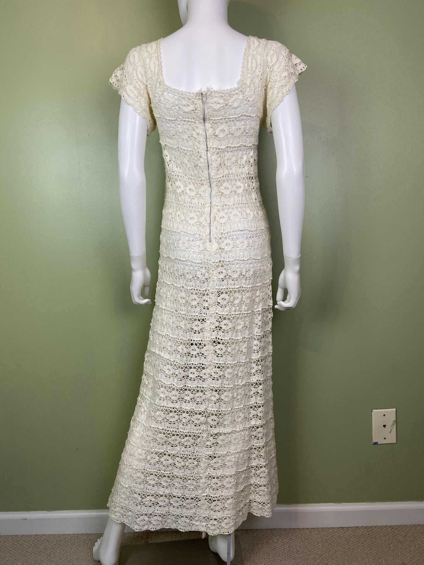 Vintage Bespoke Hand Knit Cream White Lace Crochet Gown