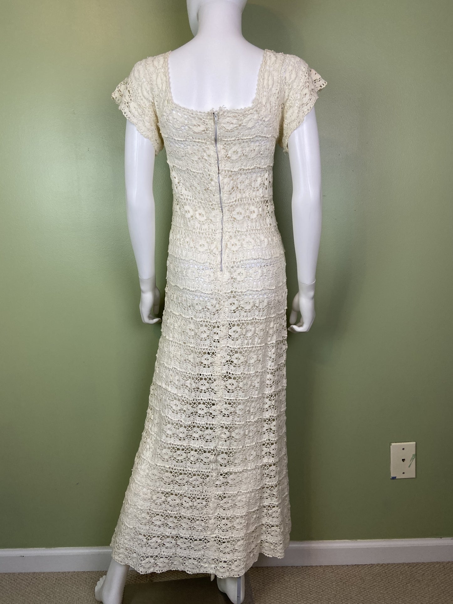 Vintage Bespoke Hand Knit Cream White Lace Crochet Gown