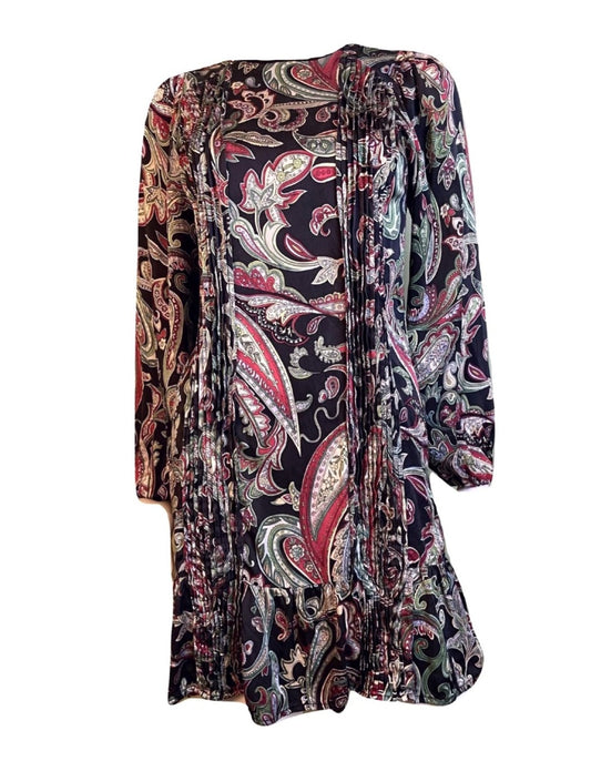 Paisley Pleated 100% Silk Black Green Puff Sleeve Dress Abby Essie