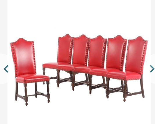Italian Red Leather Walnut Dining Side Chairs - Set of 6