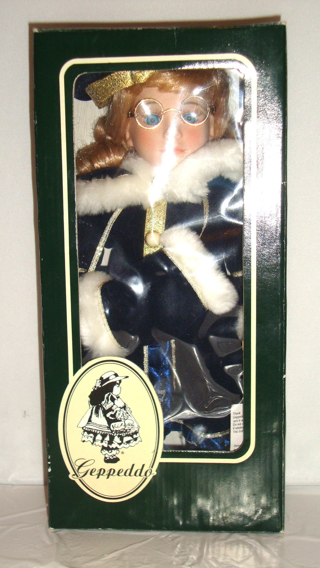 VINTAGE NIB GEPPEDDO DOLL BEAUTIFUL VICTORIAN BLONDE W/ GLASSES AND WINTER COAT Abby Essie