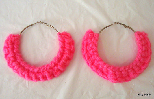 HANDMADE COTTON CANDY PINK CROCHET HOOP EARRINGS METAL CLOSURE HOOP Abby Essie