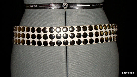 Distressed Vintage Studded White Leather Moto Rock Star Snap Closure Belt