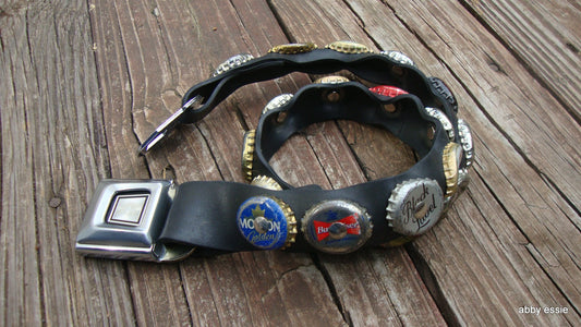 Distressed Vintage Little Earth Biker Rock Star Beer Bottle Car Seat Buckle Leather Belt