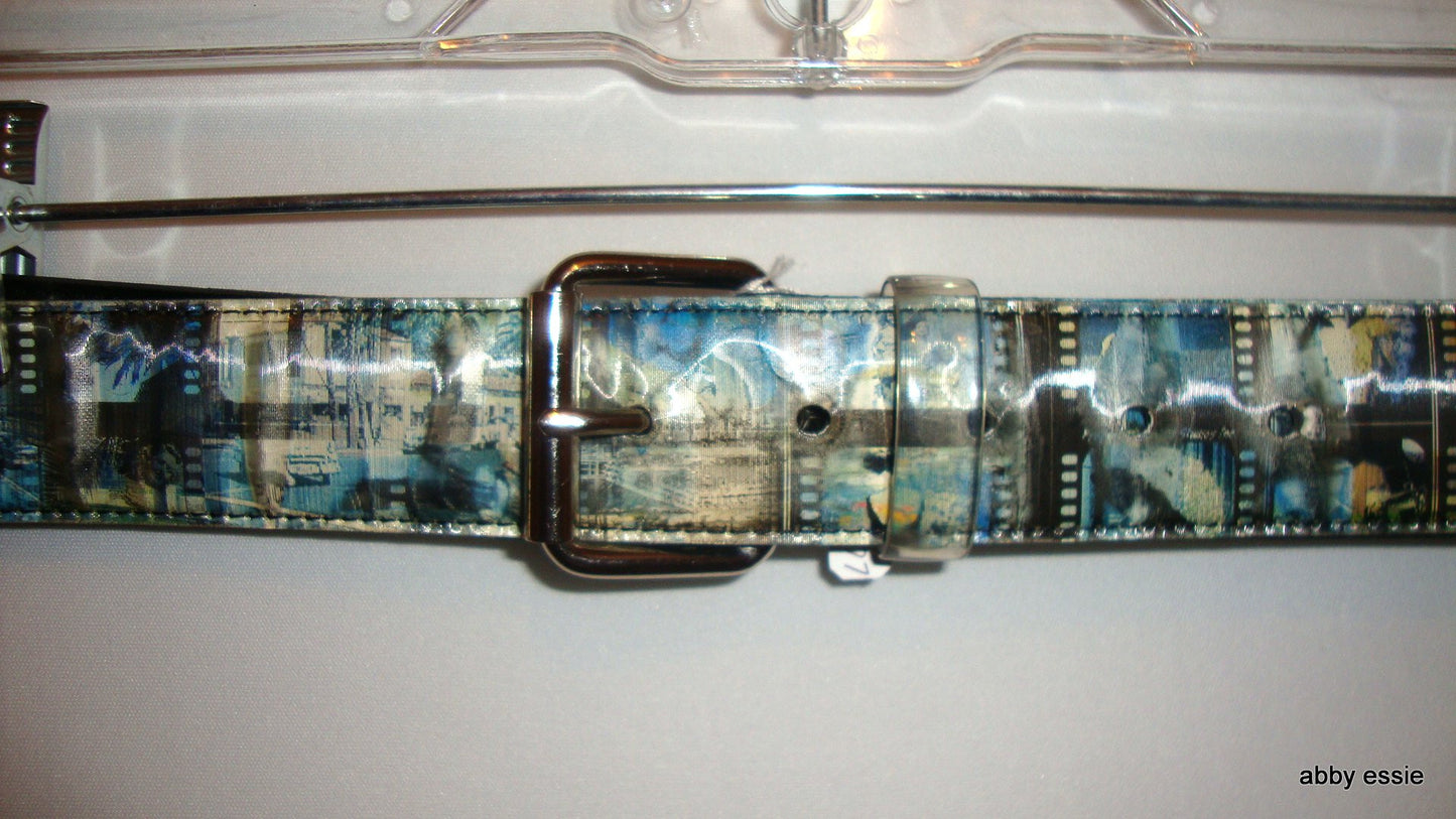 NWOT BLACK BLUE MOVIE FILM REEL MULTI-COLOR HOLOGRAM BELT SZ Large