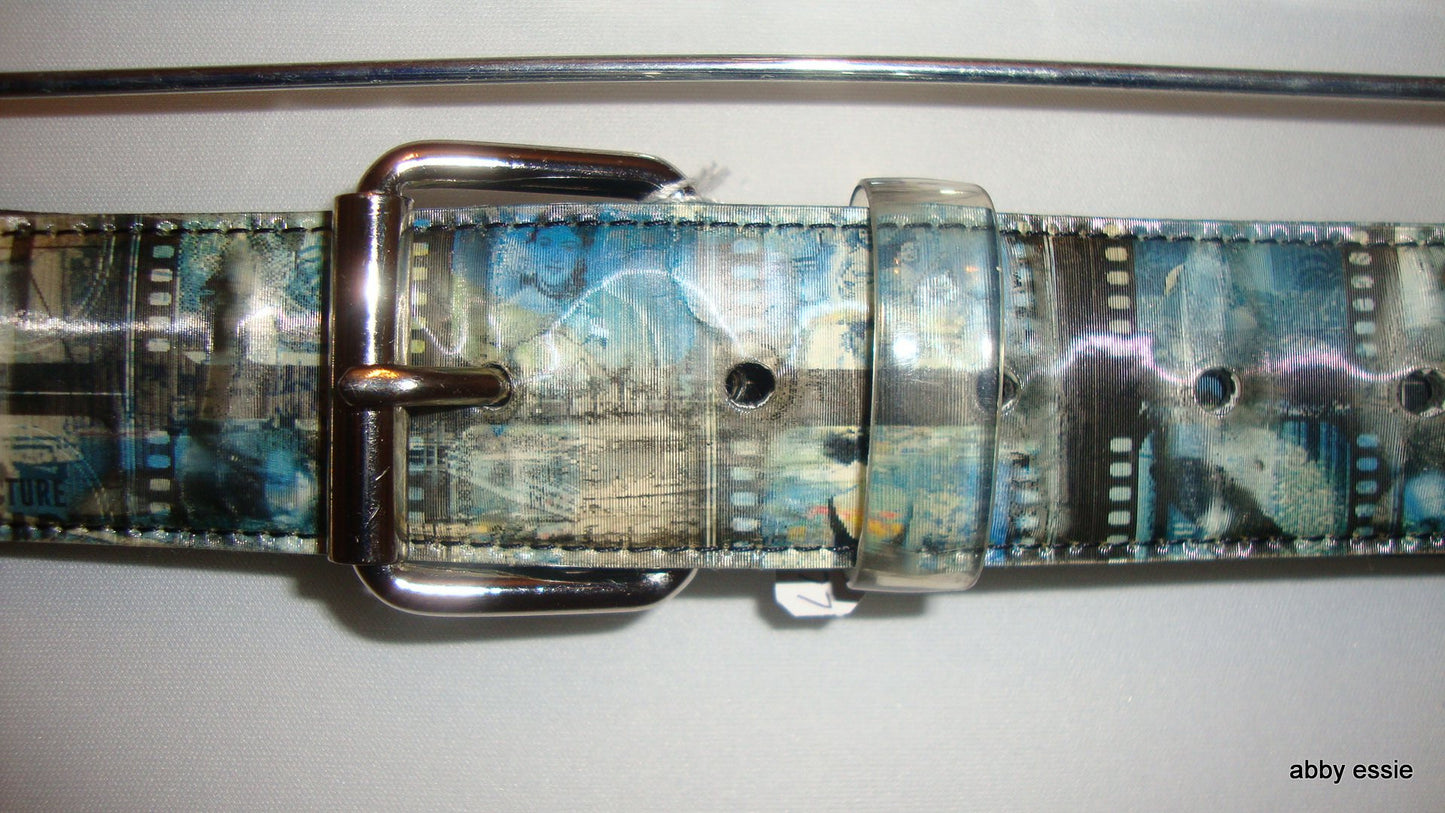 NWOT BLACK BLUE MOVIE FILM REEL MULTI-COLOR HOLOGRAM BELT SZ Large