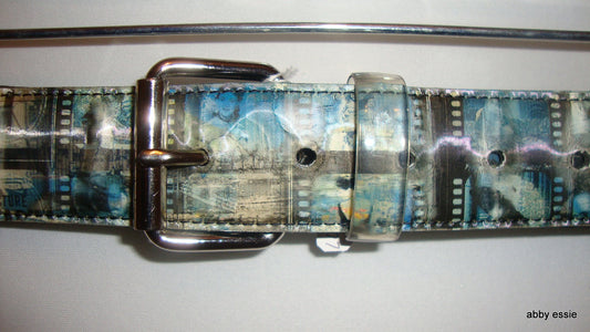NWOT BLACK BLUE MOVIE FILM REEL MULTI-COLOR HOLOGRAM BELT SZ Large